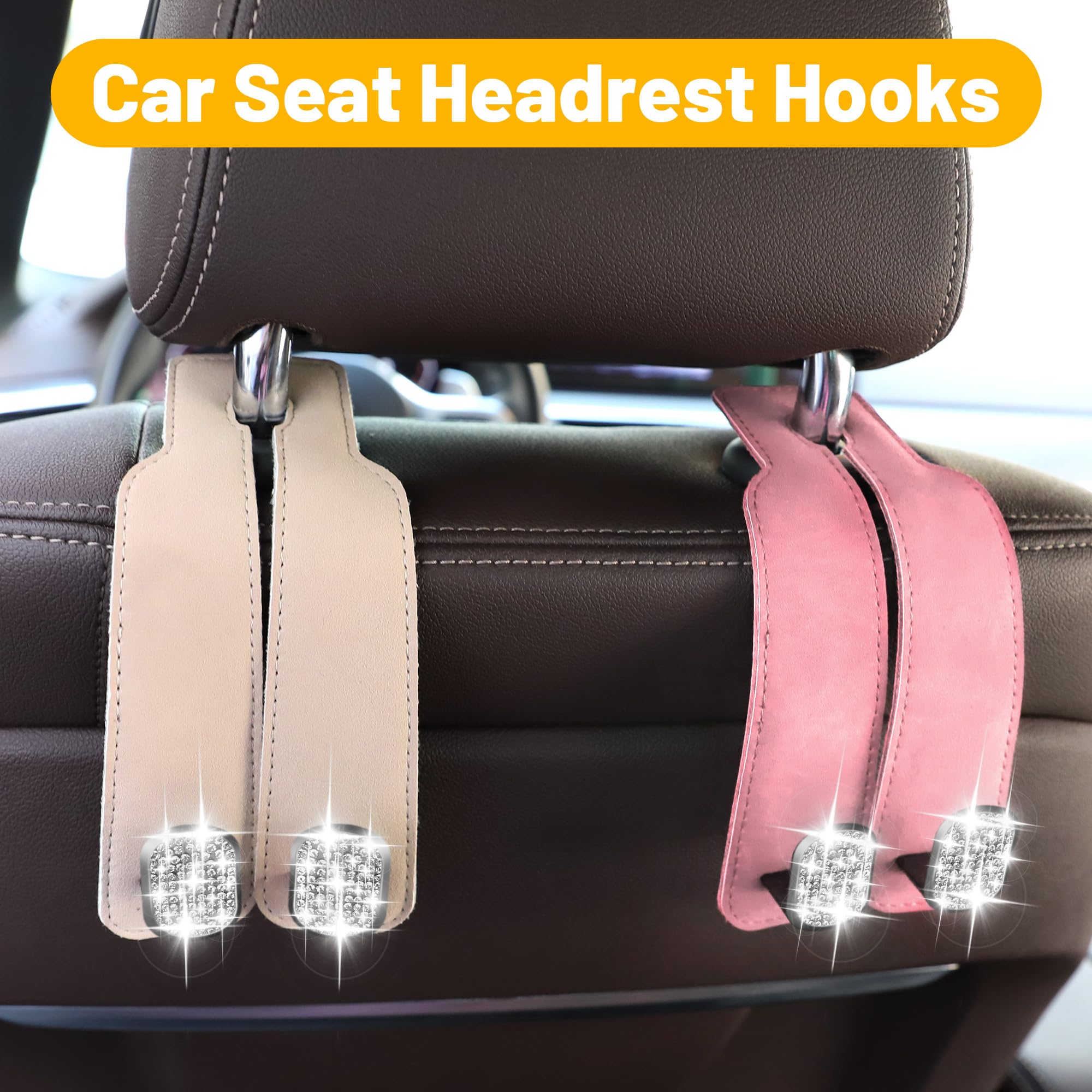 Amelity Headrest Hooks for Car, Bling Car Hooks for Purses and Bags Cute, Car Seat Back Storage (2 Pack, Beige)