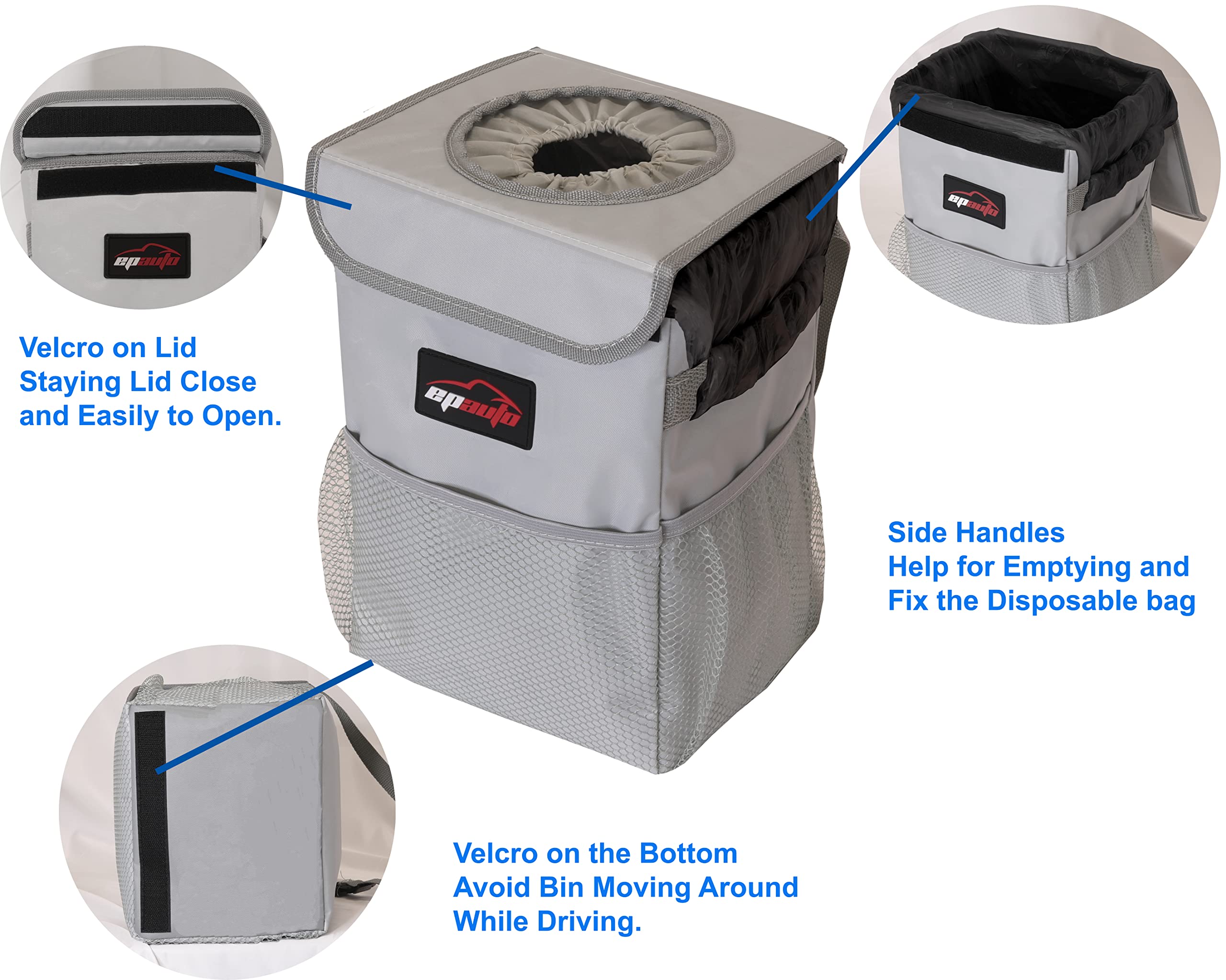 Epauto Waterproof Car Trash Can With Lid And Storage Pockets, Grey
