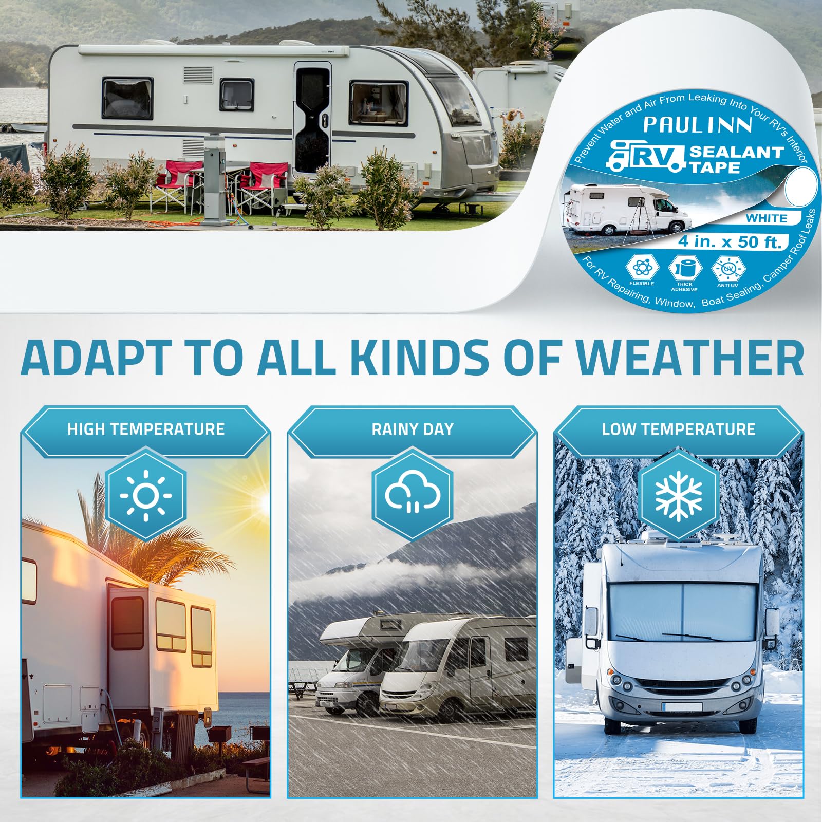 Paulinn Rv Camper Roofing Repair Sealant Tape White, 4 Inch X 50 Foot Natural Rubber Roof Sealing Tape, Uv & Weatherproof Roof S