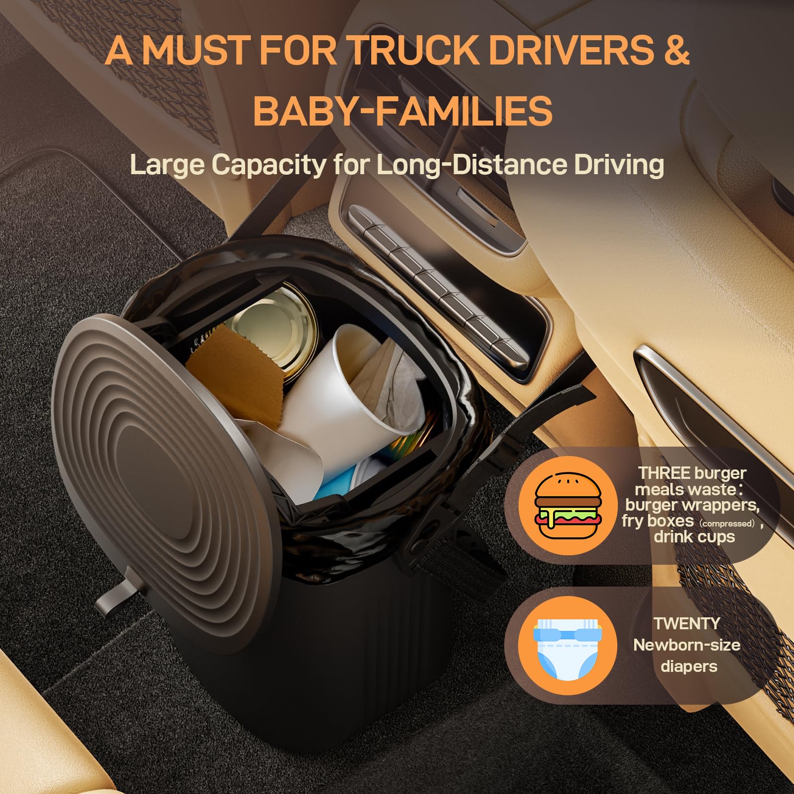 Waretary Trash Can for Car Garbage: Leakproof Silicone Car Waste Bin w/Lid for Drivers and Passengers; 1.9 Gallon Garbage Contai