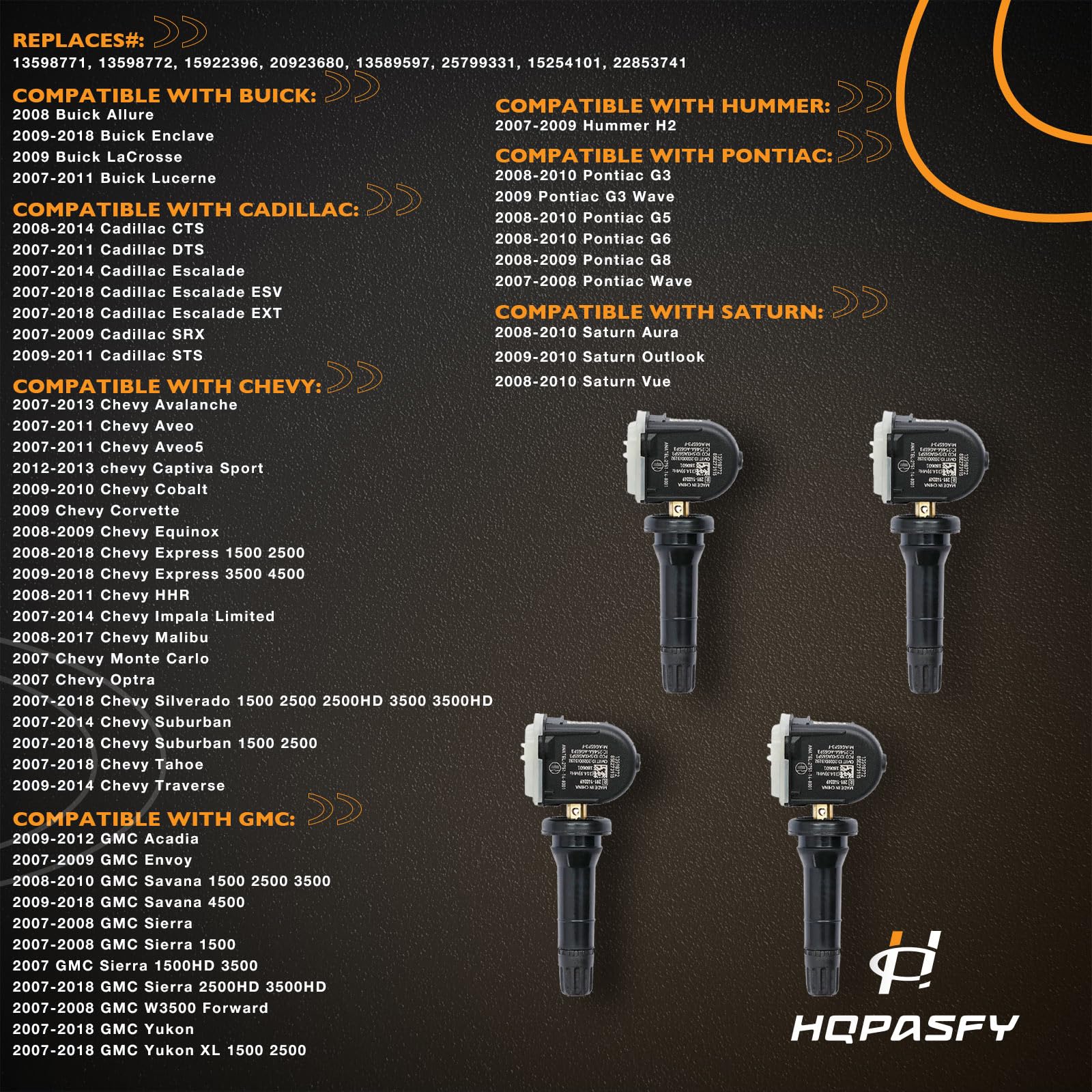 Hqpasfy Tire Pressure Sensor 315Mhz Tpms 4Pcs Compatible With Cadillac Escalade| Chevrolet Suburban| Buick Allure| Gmc Yukon & M