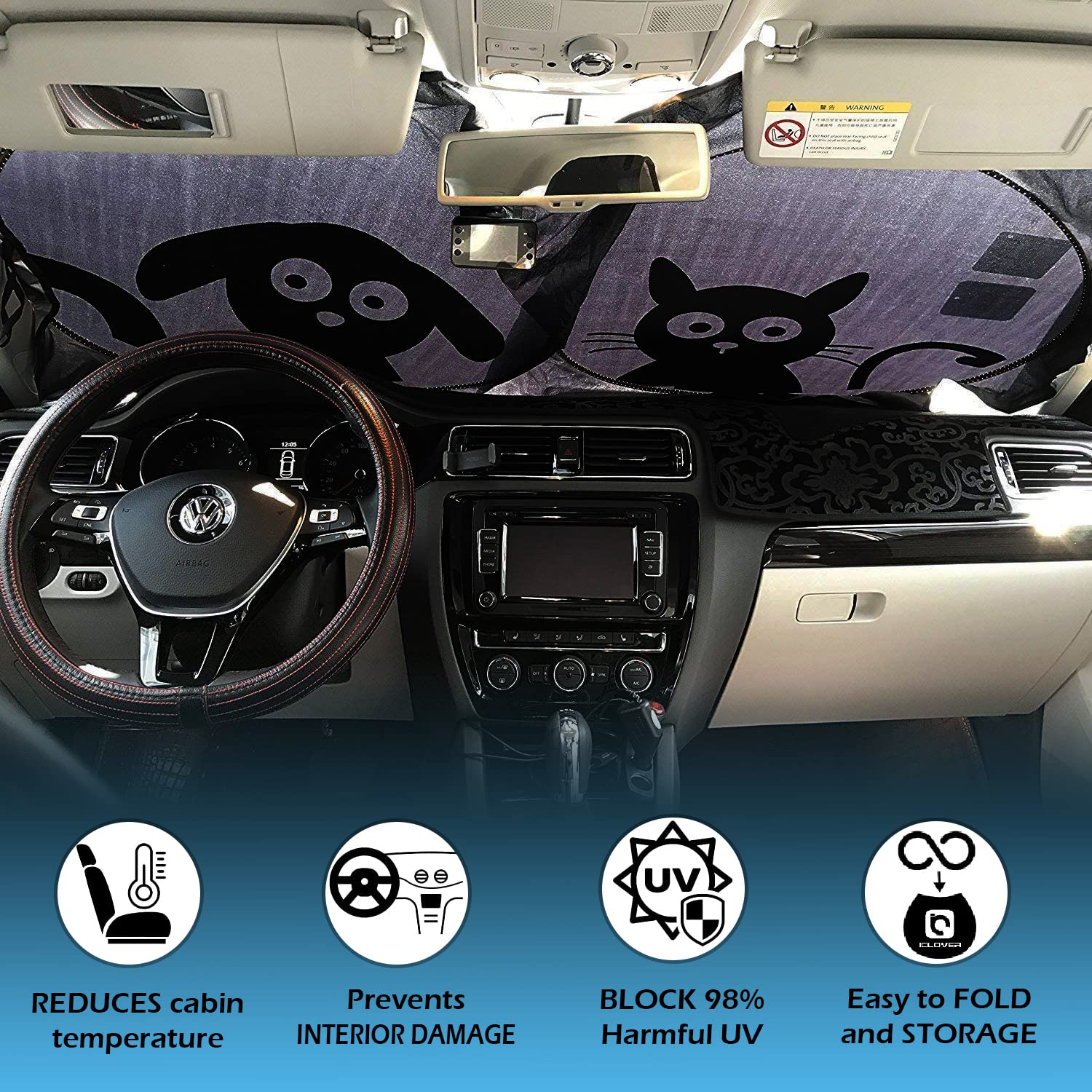 Car Windshield Sunshade With Pet Design, Cute Dog & Cat Cartoon Front Windshield Sun Shade Foldable Sunshade Blocks Heat Uv Rays