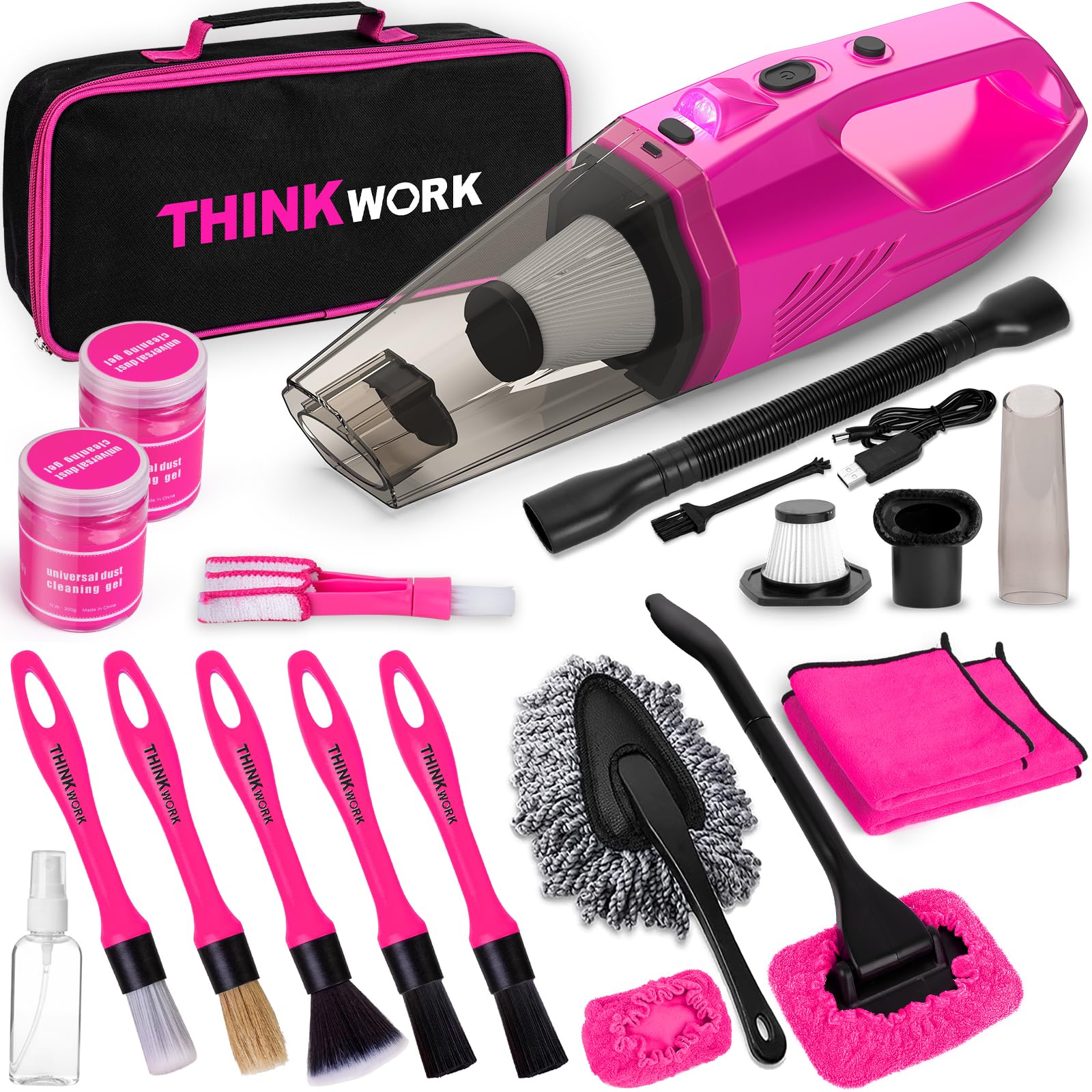 Thinkwork Car Detailing Kit Interior Cleaner, Car Cleaning Kit With 8000Pa Cordless Pink Handheld Vacuum Cleaner, Car Interior D