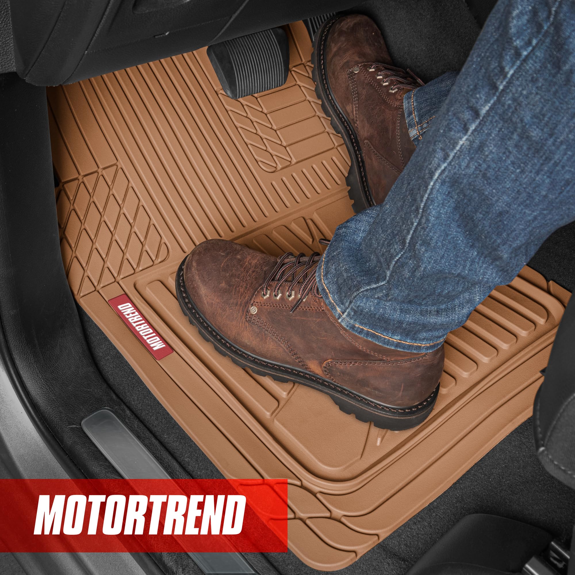 Motor Trend FlexTough Advanced Beige Rubber Car Floor Mats - Heavy Duty Trim to Fit All Weather Floor Mats for Cars Truck SUV -