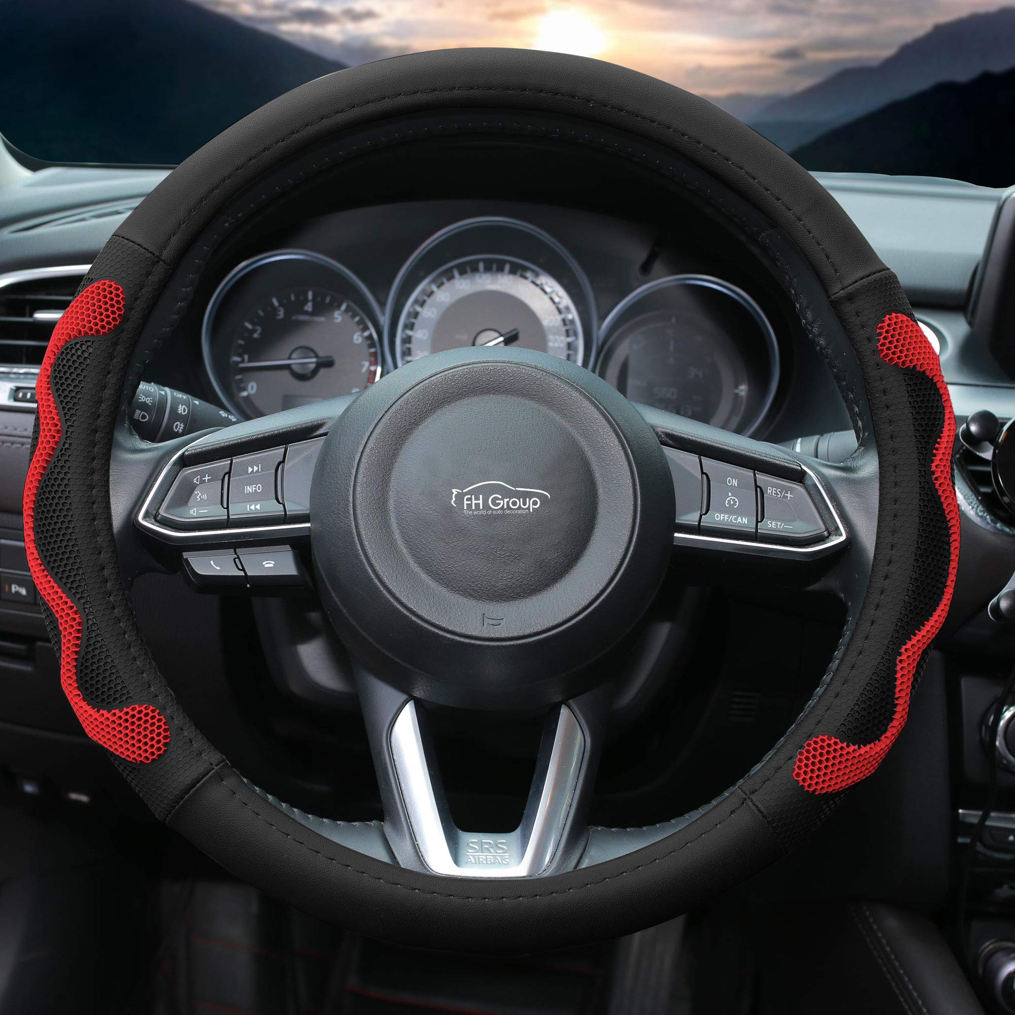 Fh Group Fh2010Red Universal Fit Leather With Silicone Anti-Slip Grip Red Steering Wheel Cover Fits Most Cars, Suvs, And Trucks