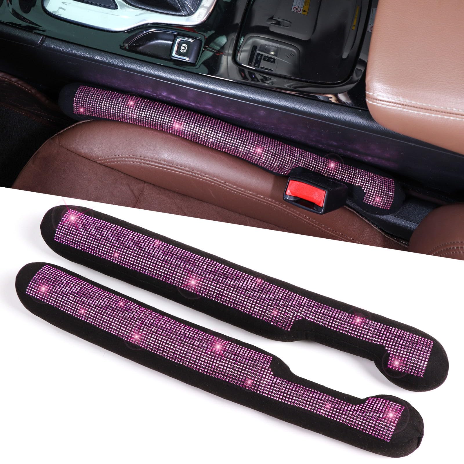 Tobequeen Bling Pink Car Sear Gap Filler 2 Pack Universal Fit For Car Suv Truck, Handmade Crystal Rhinestone Diamond Car Seat Ga