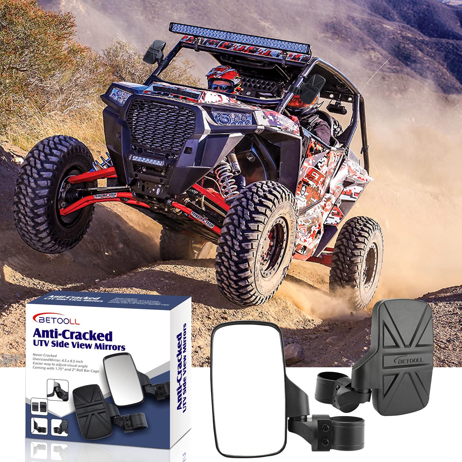 Betooll Upgraded Adjustable Pair Utv Side Mirror Set 1.75 Or 2Inch Roll Bar Cage, Universal Utv Side View Mirrors High Impact(Pack Of 2)