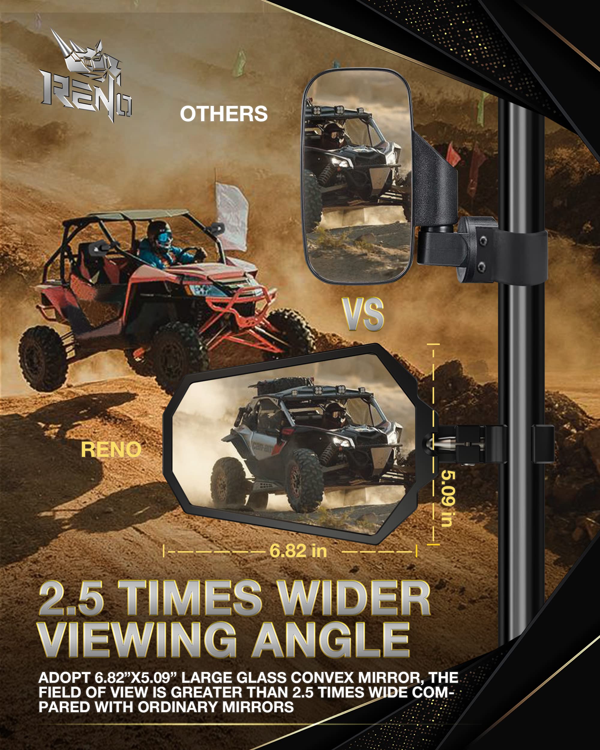 Reno Utv Side Mirrors, Fits 1.25'-2' Roll Bar Cage Cnc Aluminum Rear View Mirror Heavy-Duty Adjustable Bracket Compatible With Off-Road Utv Rzr Ranger Xp Sxs Mtv Atv Maverick (2 Pack)