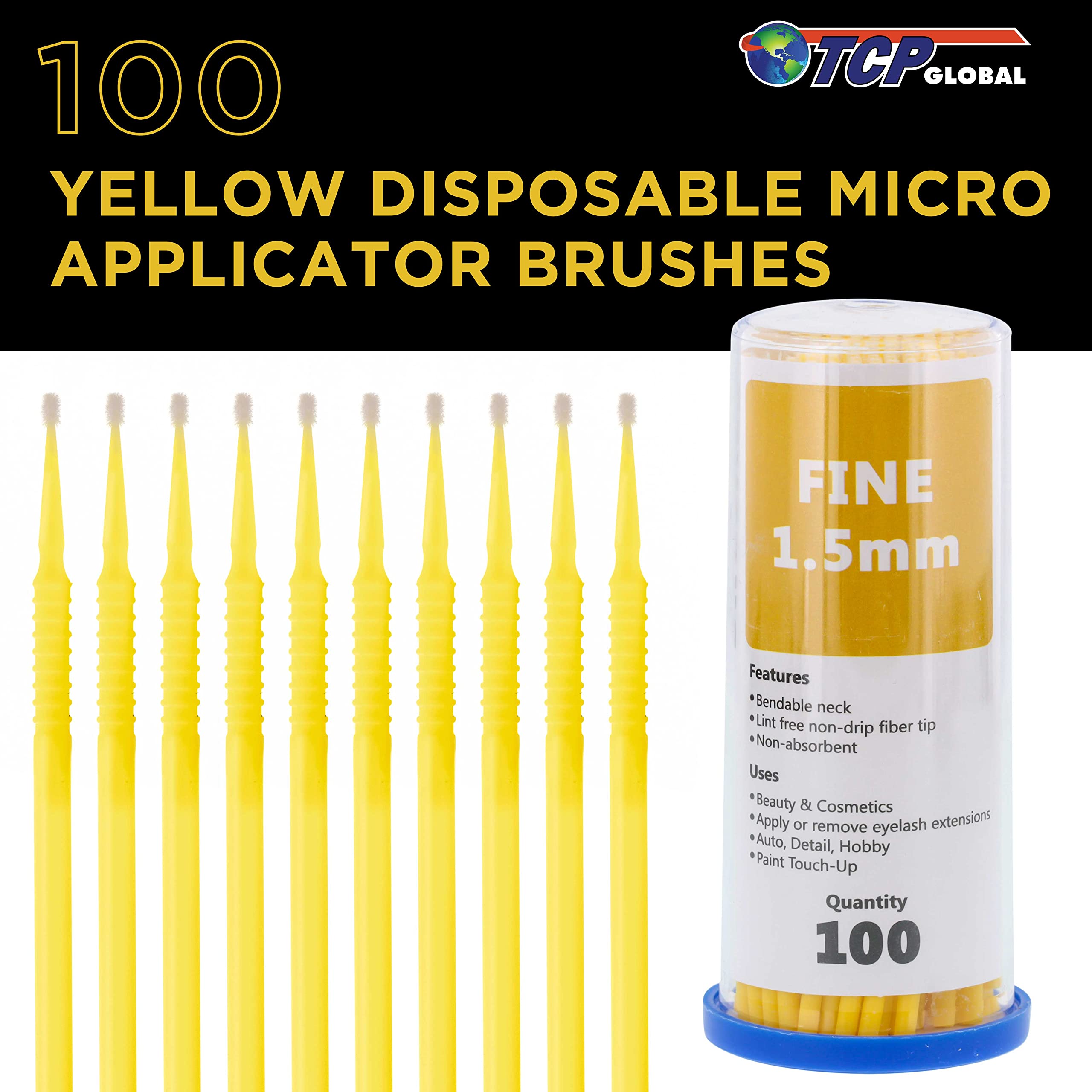 Tcp Global 100 Paint Touch Up Brushes, Disposable Micro Brush Applicators, Yellow With Fine 1.5 Mm Tips - Auto Body Shop, Auto C