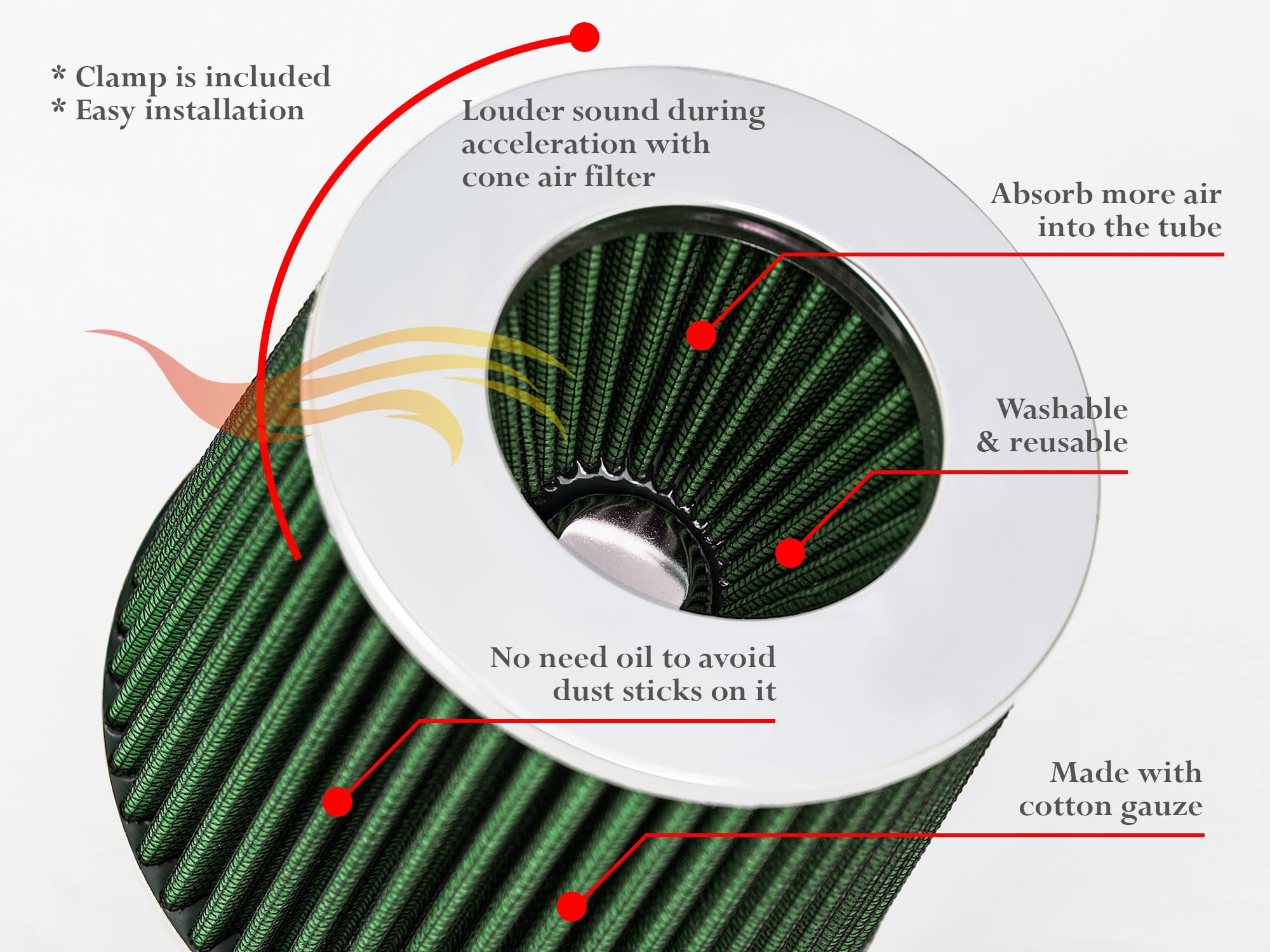 Green 3'' 76 Mm Inlet Cold Air Intake Cone Replacement Quality Performance Washable Clamp-On Dry Air Filter