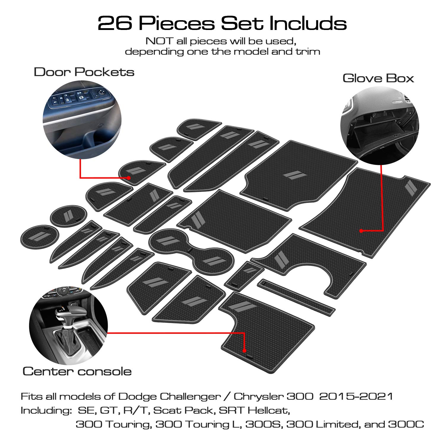 REMOCH Cup Holder Insert & Console Liner Mats Set for Dodge Charger 2015-2023, 26pcs, Gray Plastic