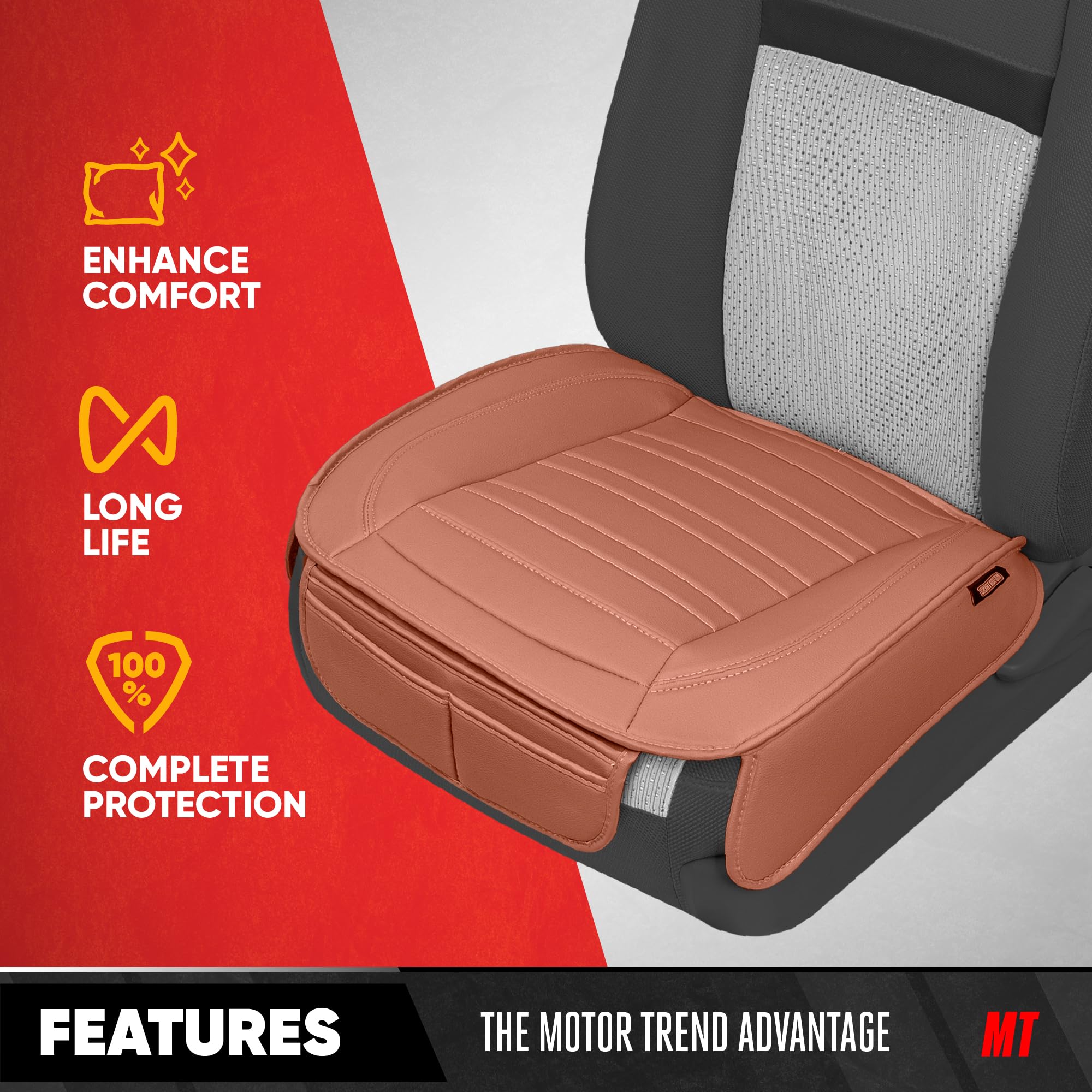 Motor Trend Seat Cover For Cars Trucks Suv, Faux Leather Brown Padded Car Seat Cover With Storage Pockets, Premium Interior Auto