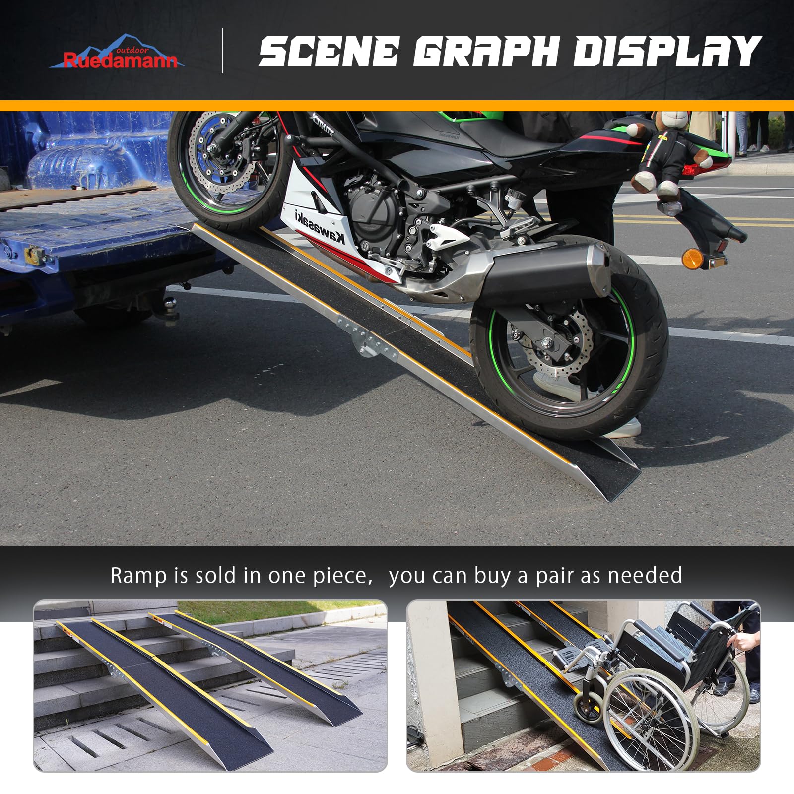 Ruedamann 71' Aluminum Loading Ramps For Pickup Trucks Trailers, Folding Motorcycle Ramp, 600Lbs Capacity, Snowmobile Ramp, Atv Truck Ramps For Dirt Bike, Tractor, Tailgate Bed, Usable Width 8.5', 1Pc