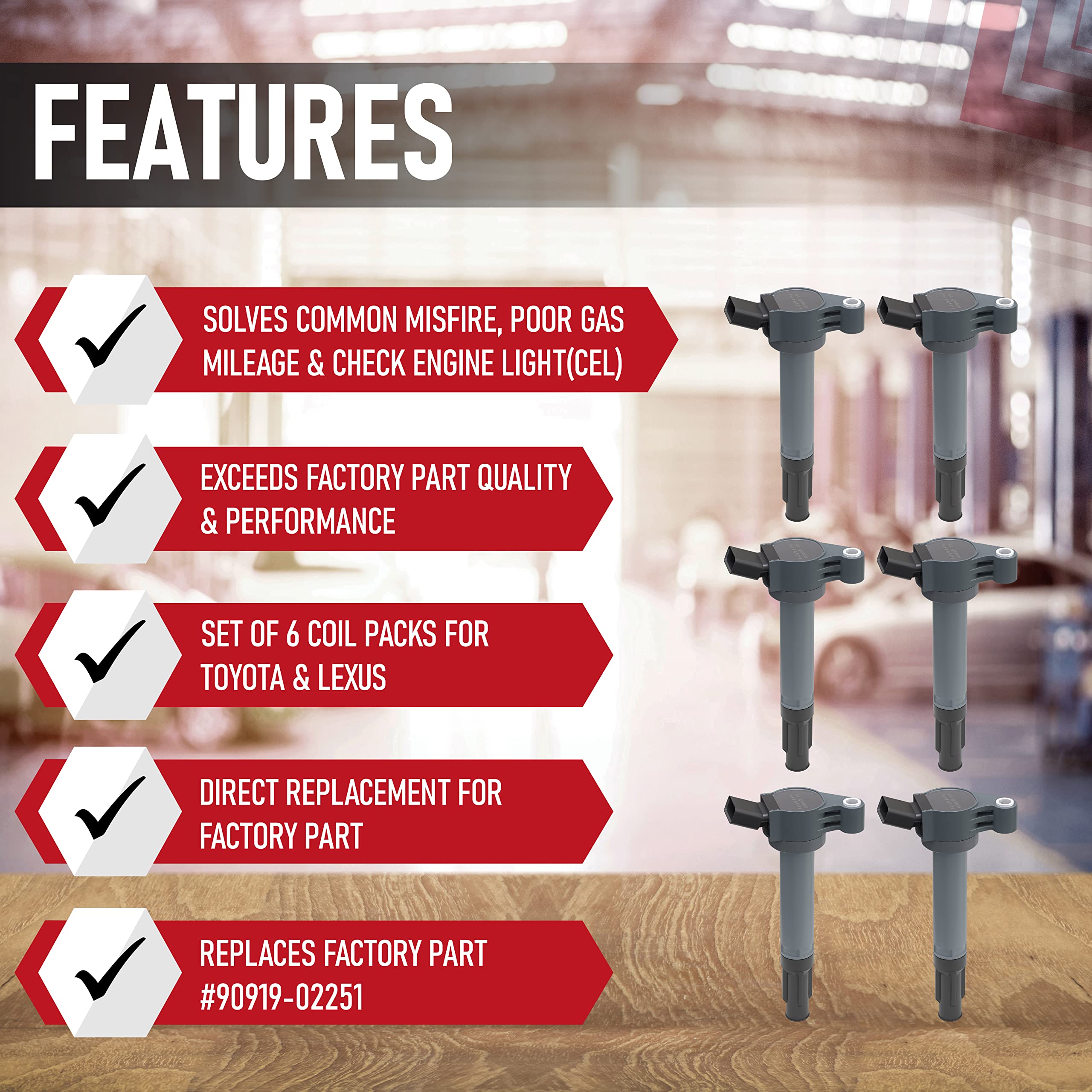 Ignition Coil Set Of 6 - Replaces 90919-A2007 - Compatible With Toyota, Lexus & Scion Vehicles - 2.7L, 3.5L V6 - Ignition Coil P