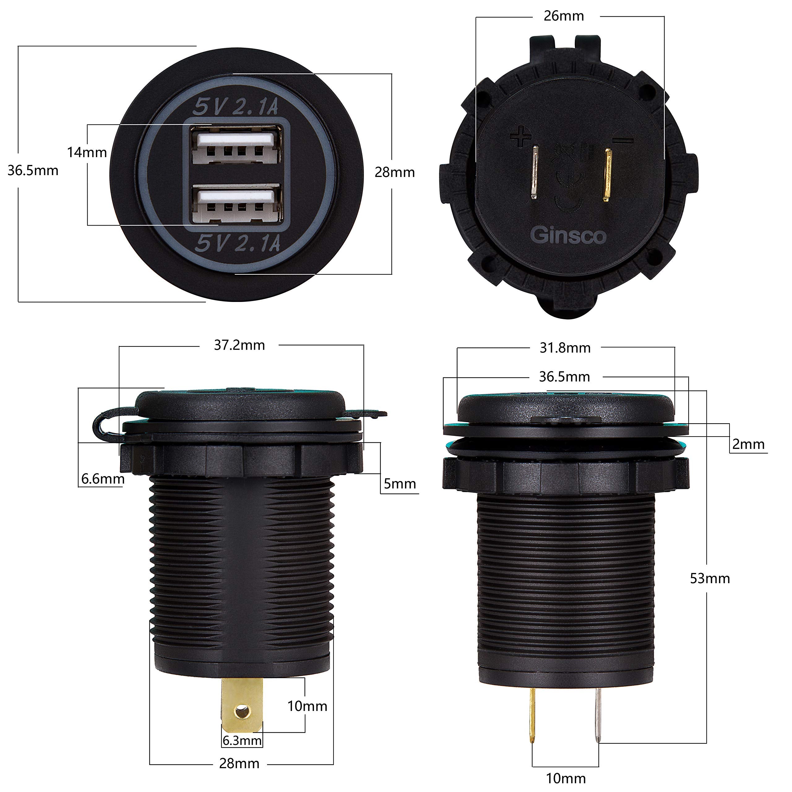 Ginsco Dual USB Charger Socket Power Outlet 2.1A & 2.1A(4.2A) for Car Boat Marine RV Mobile with Wire Fuse DIY Kit Blue LED