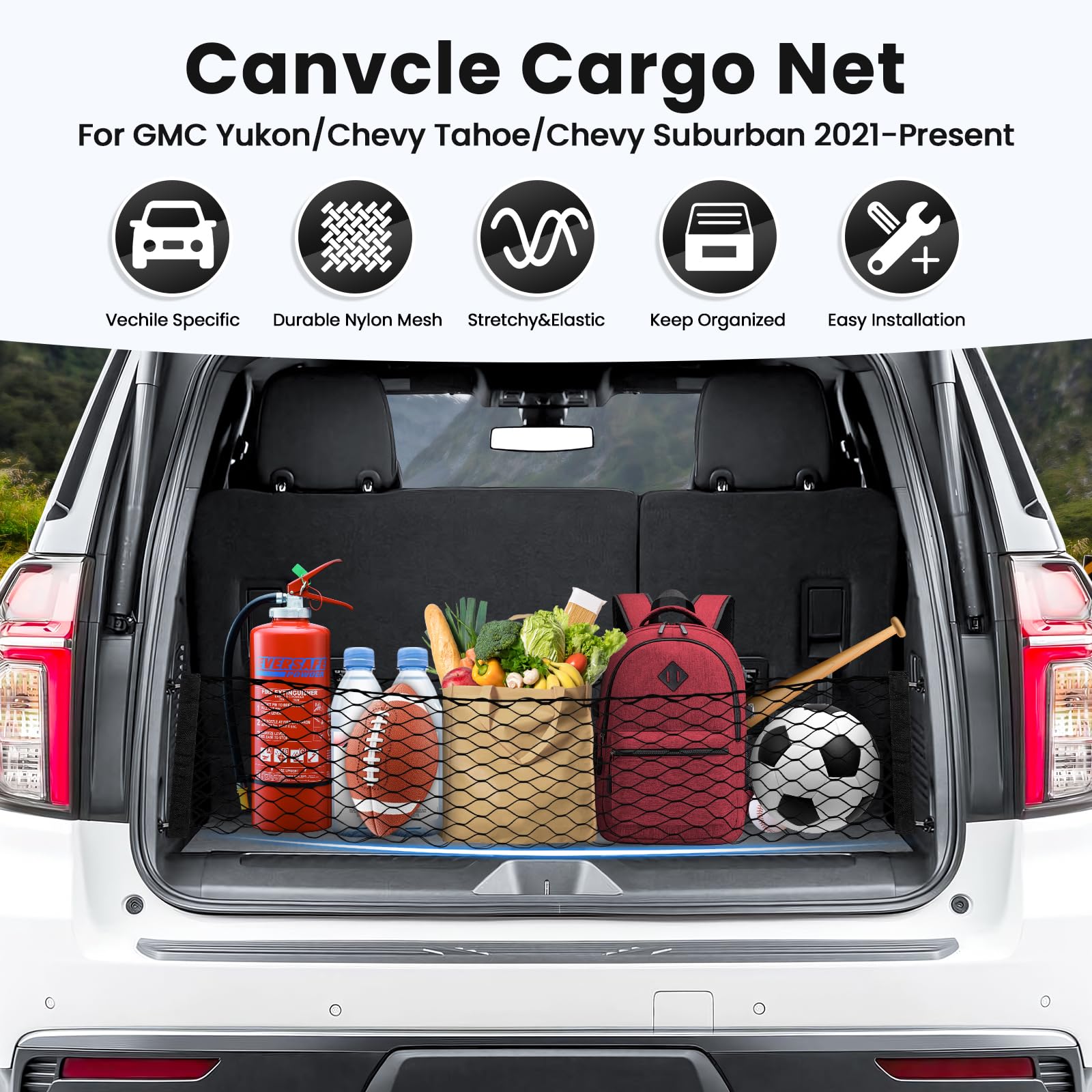 Canvcle Trunk Cargo Net for 2015-2025 GMC Yukon/Chevy Tahoe/Suburban Accessories Envelope Style Mesh Trunk Net Organizer and Sto