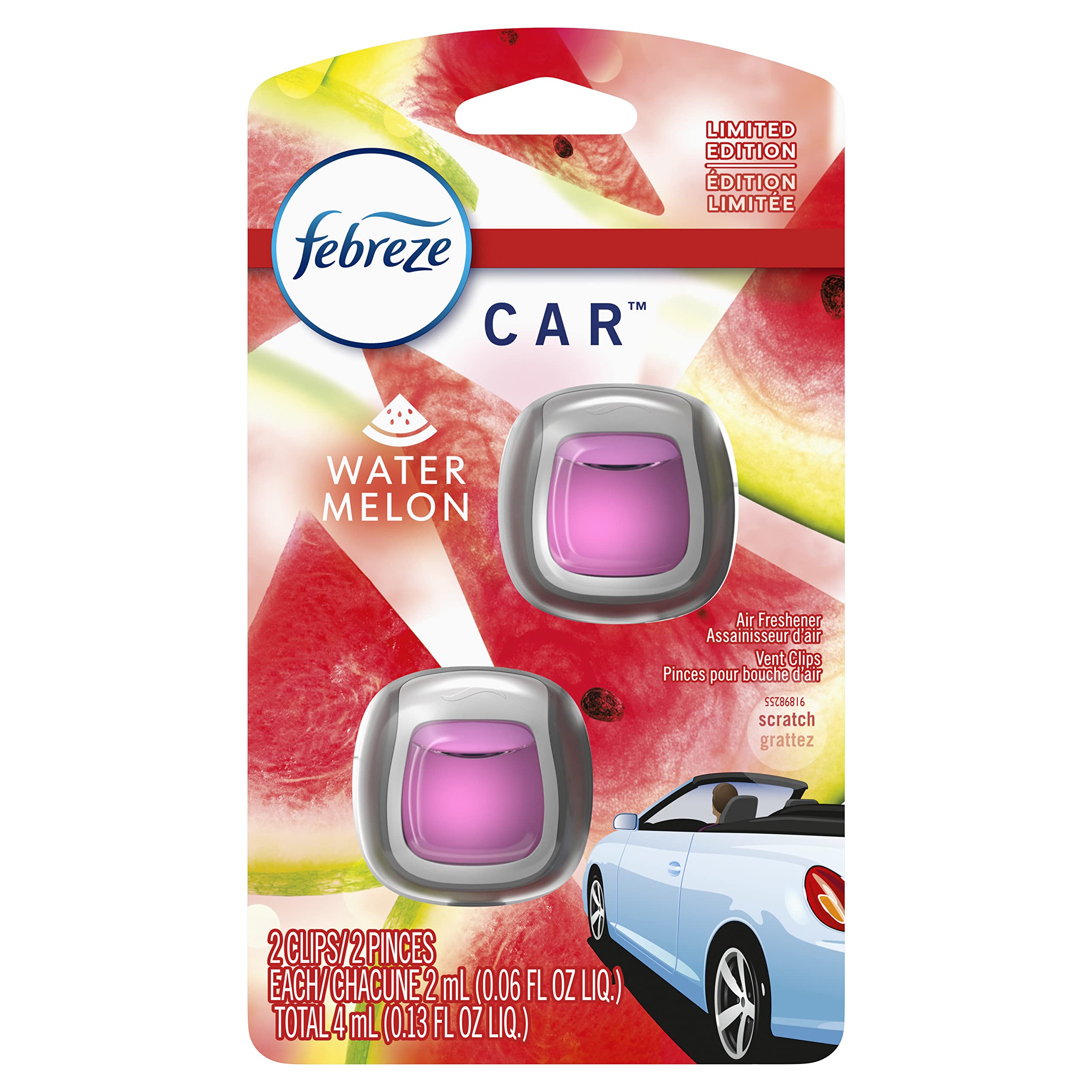 Febreze Vent Clip Car Air Freshener, Odor Eliminator, Watermelon Scent, 2 Clips