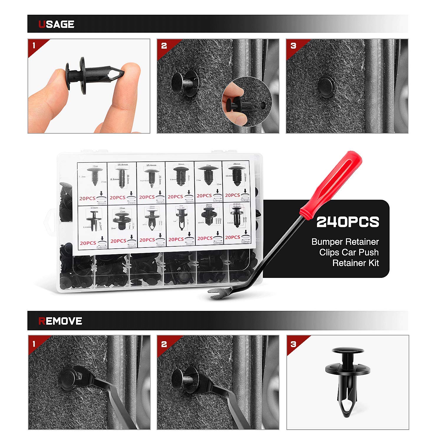 Nilight 480Pcs Car Retainer Clips & Fastener Remover With 12 Most Popular Sizes Auto Push Pin Rivets Set -Door Trim Panel Clips