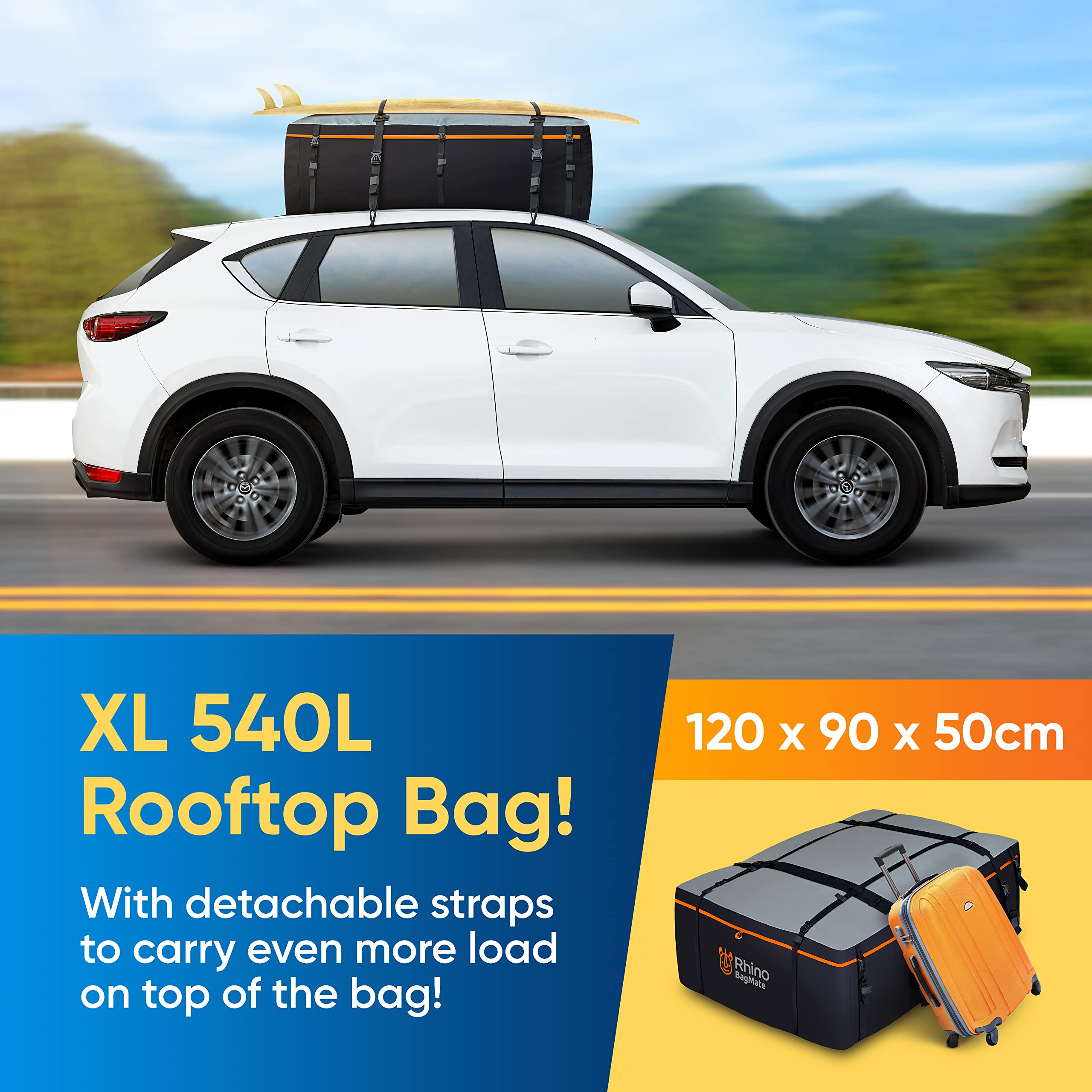 Bagmate Military-Grade Waterproof Roof Bag - Rooftop Cargo Carrier - 19 Cubic Feet. (540L) With 4 Door Hooks, Zipper/Buckle Clos