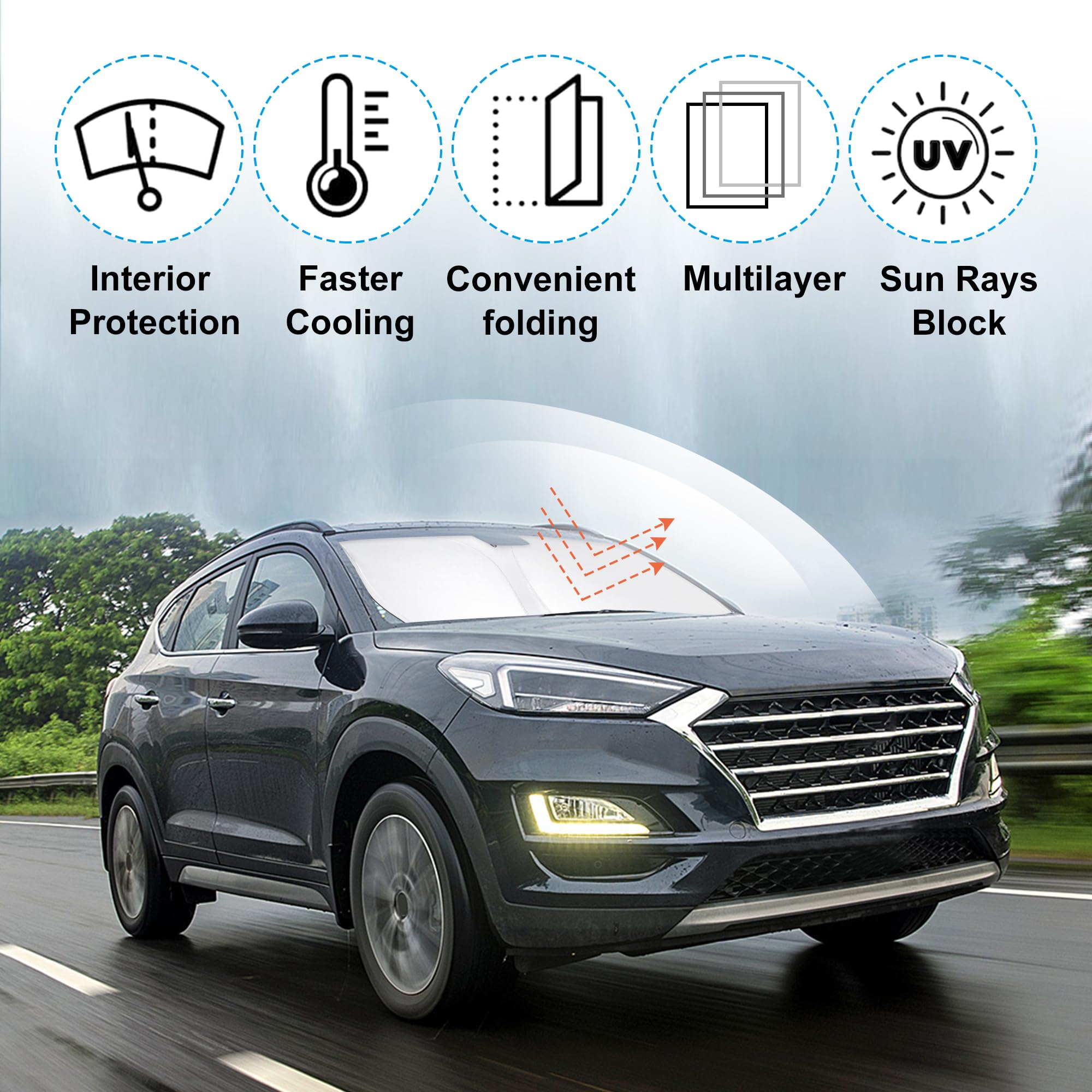 Yycke Windshield Sun Shade Accessories Compatible With 2016-2021 Tucson(Not For 2022 Tucson) For Hyundai Foldable Sunshade Sun V