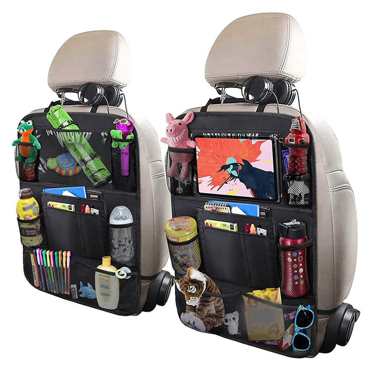 2PCS Car Seat Back Organizer,Extra Large Capacity Car Seat Organizer with 6 Mesh Pocket,2 Cup Holder & 4 Storage Bag,Road Trip E