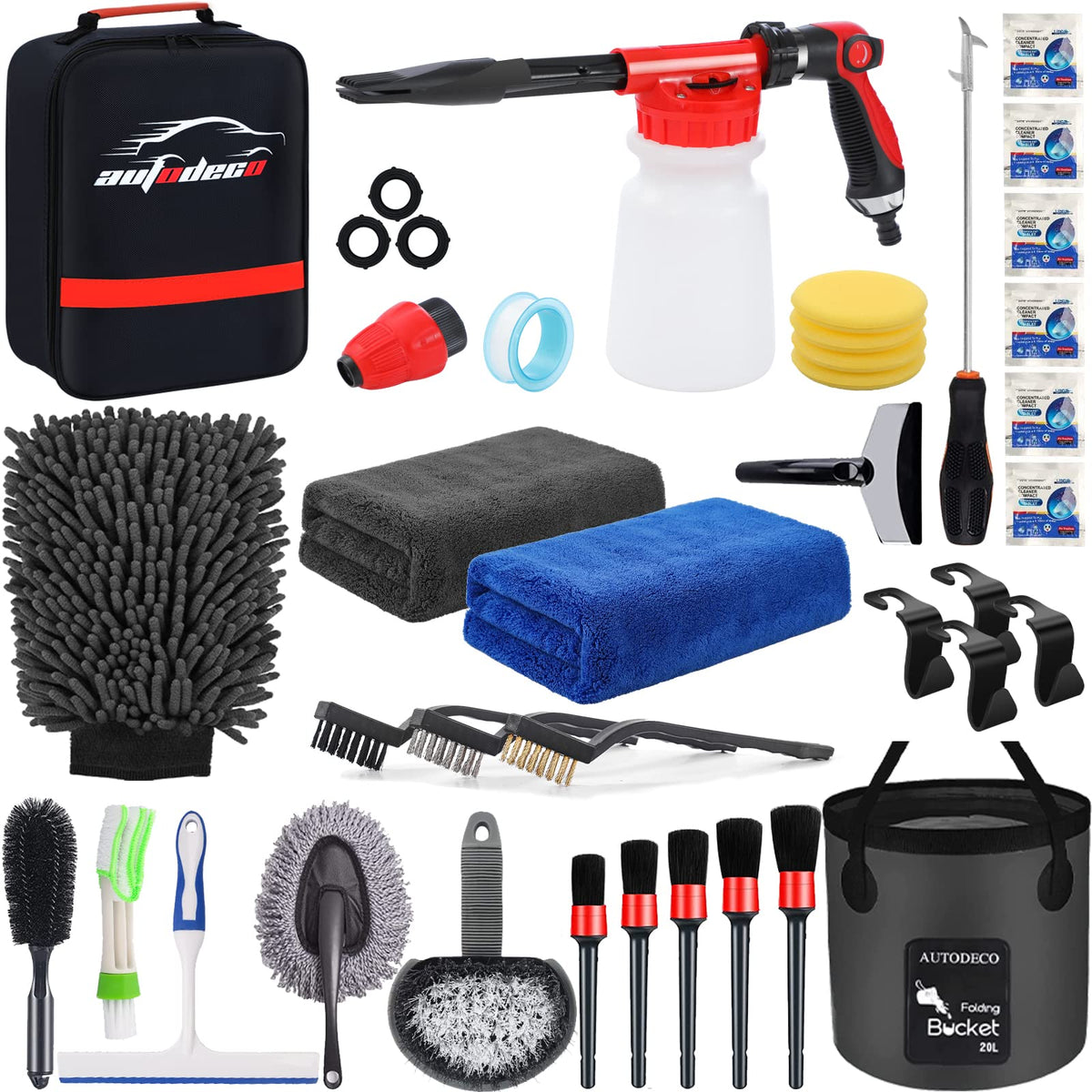 Autodeco 35Pcs Car Wash Detailing Kit Cleaning Kits With Foam Gun Sprayer Collapsible Bucket Brush Large Wash Mitt Towels Comple