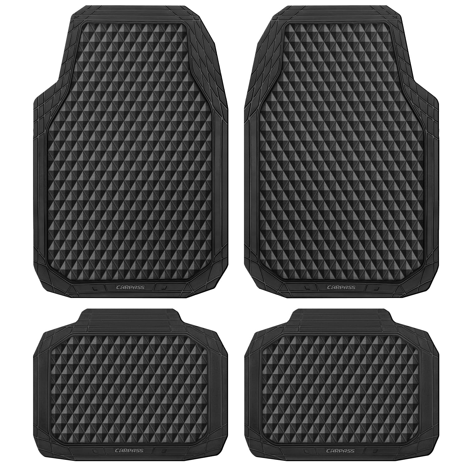 CAR PASS Black Rubber Car Mats, All-Weather Floor Mats Full Set Durable Anti-Slip 3D Rhombus Waterproof Automotive Pad Trim to F