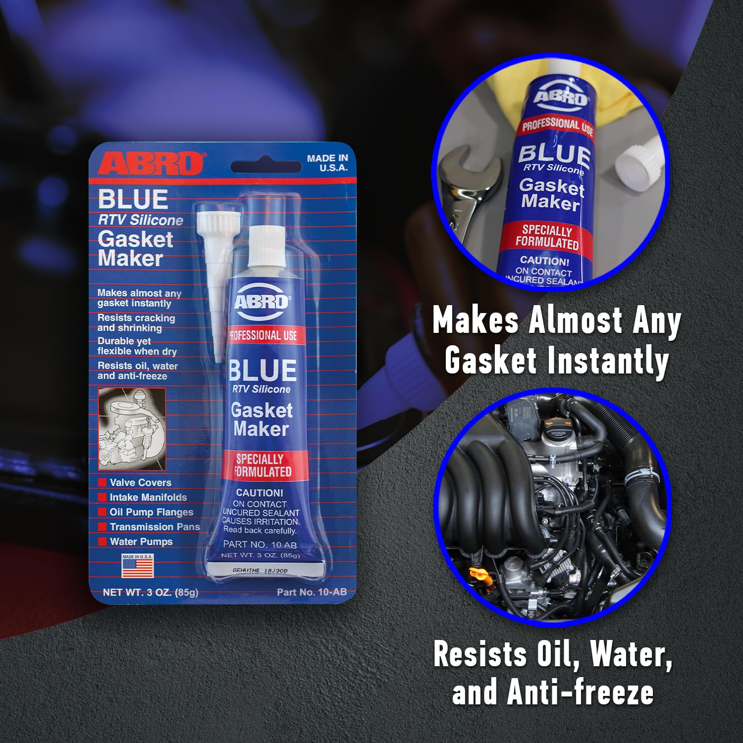 Abro Rtv Silicone Sealant And Gasket Maker: Up To 500F Heat, High Temp Silicone/Head Gasket Sealant, 3 Oz/85G Tube - Blue, Pack