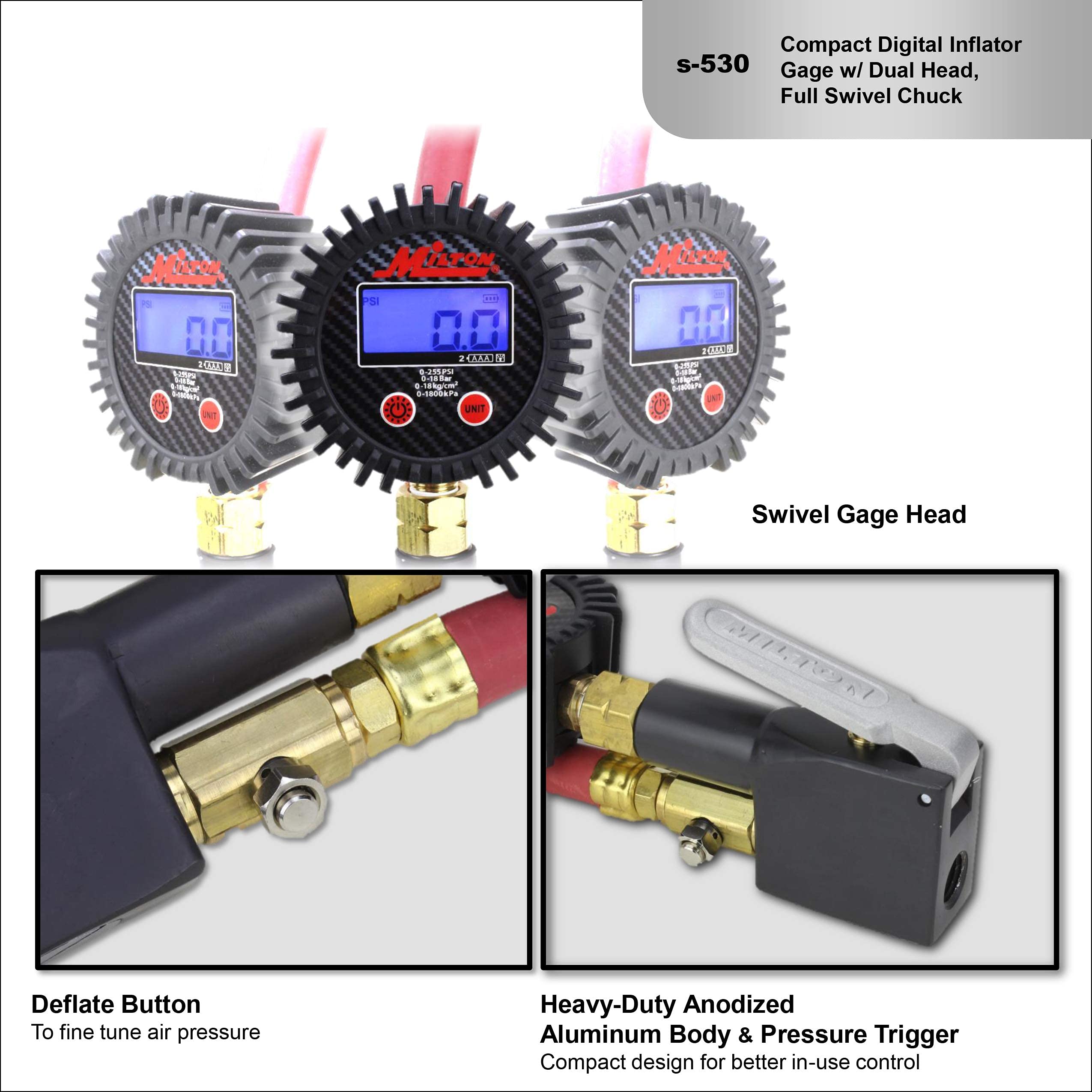 Milton S-530 Compact Digital Tire Inflator with Pressure Gauge, 255 PSI, Dual Head Air Chuck, 15&quot; Hose, 2.5&quot; Dial, 360 Swivel, Res: 0.1 Display, Backlit, Made in USA, Industrial Grade,Matte Black