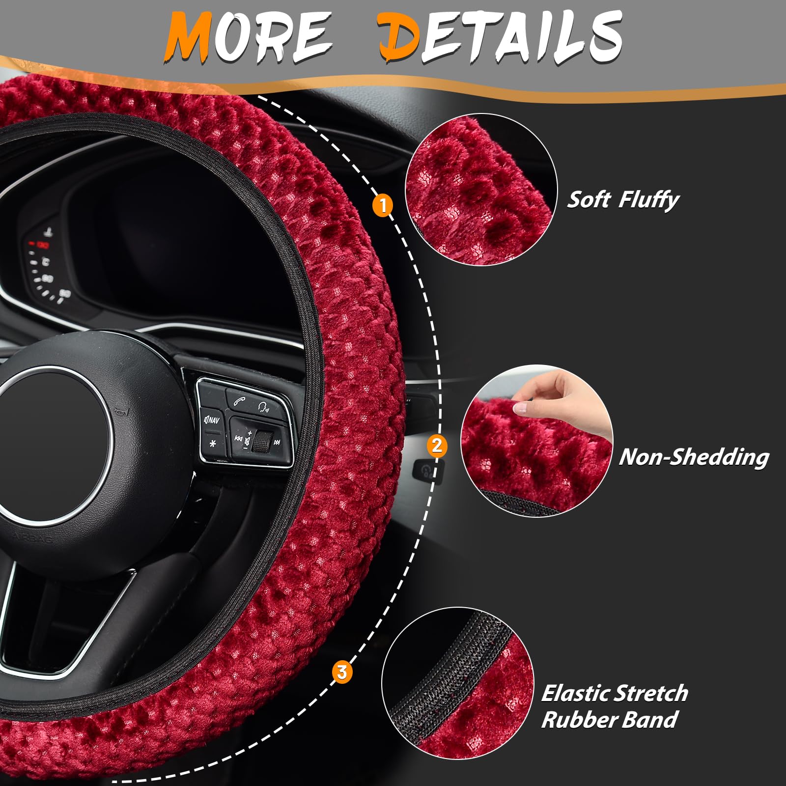 Kafeek Elastic Short Microfiber Plush Steering Wheel Cover For Winter Warm, Universal 15 Inch, Anti-Slip, Odorless, Wine Red