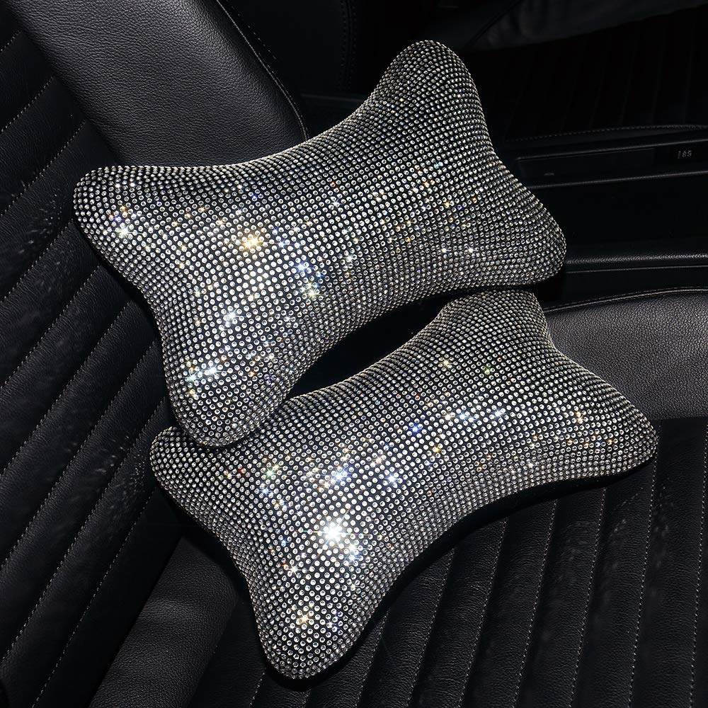 2 Pack Car Neck Pillow For Driving Seat Auto Headrest Cushion Head Rest Neck Support Relax Crystal Rhinestone Diamond Interior B