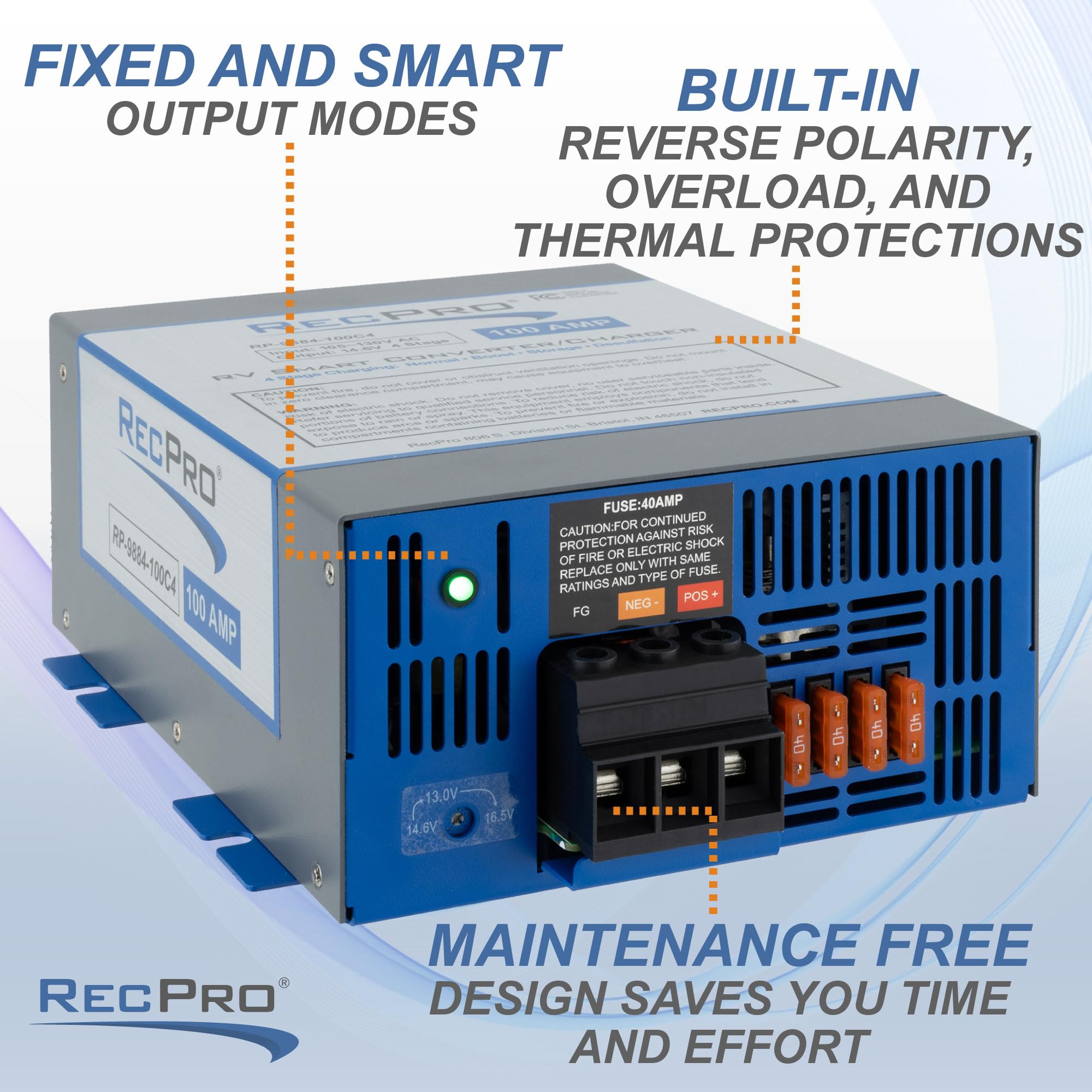 Recpro Rv Converter 100 Amp | Rv Power Converter & Battery Charger | 4 Stage Smart Charging | 120Vac To 12Vdc | 13V To 16.5V Ope