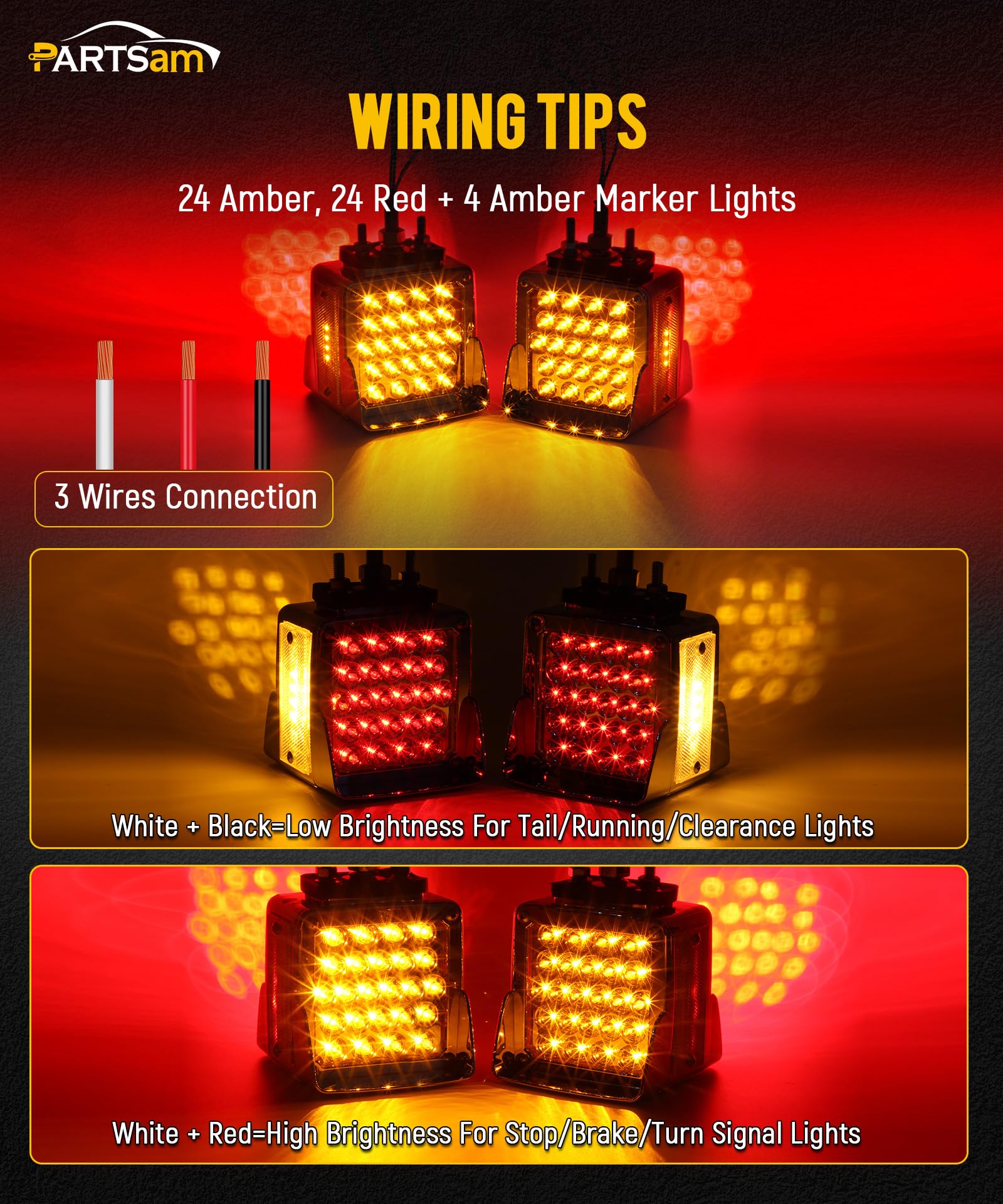 Partsam Pair Truck Trailer 52 Led Red/Amber Square Double Face Pedestal Fender Stop Turn Tail Lights Three Stud Mount Bezel Viso