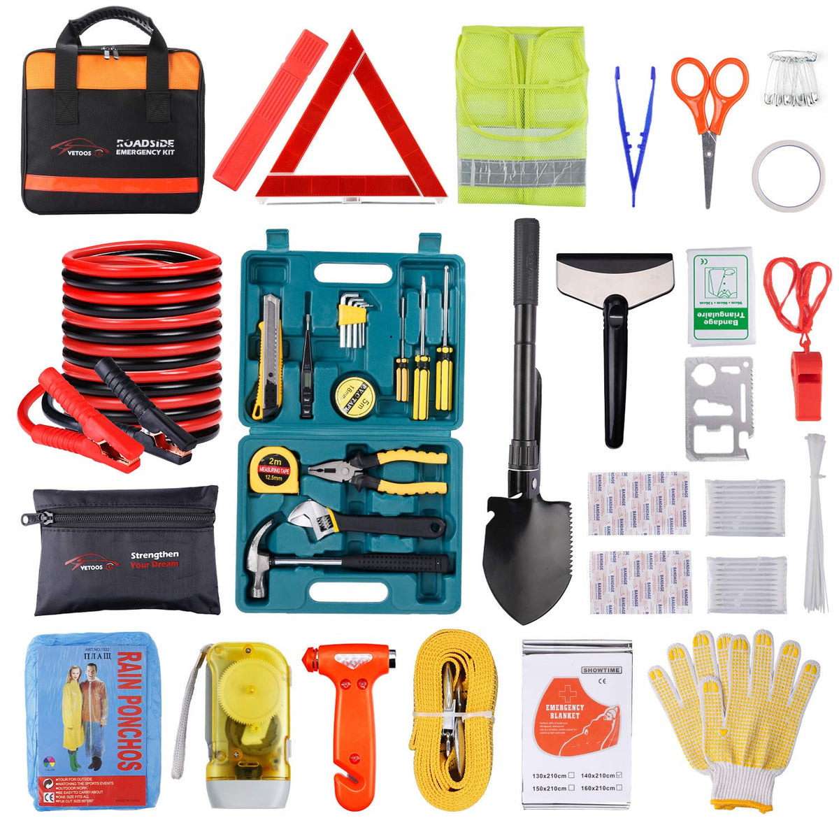 Vetoos Car Roadside Emergency Kit with Jumper Cables, Auto Vehicle Safety Road Side Assistance Kits, Winter Car Kit Essentials f