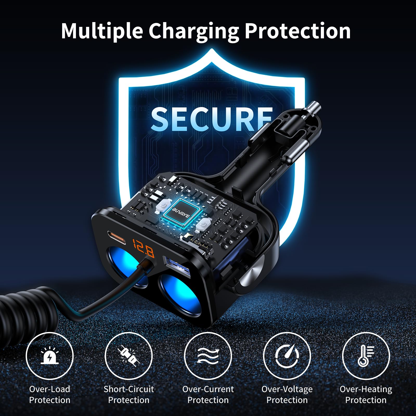 5 In 1 Cigarette Lighter Splitter With 5Ft Coiled Cable, 2-Socket Cigarette Lighter Adapter, Dual Car Charger Splitter, 12V/24V