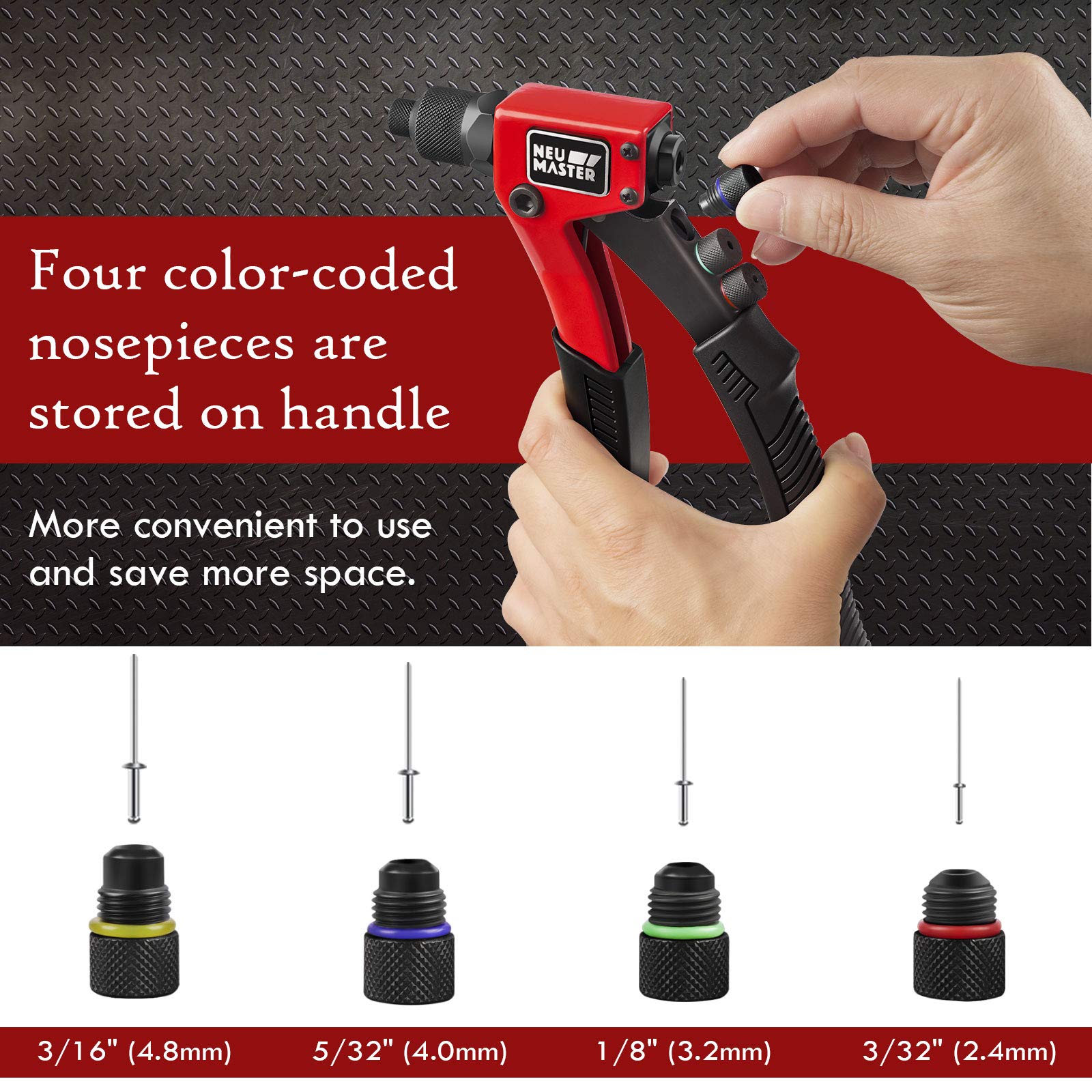 Neu Master Rivet Gun With 200Pcs Rivets, Manual Rivet Gun Kit With 4 Tool-Free Interchangeable Rivet Heads, Bmc Case, Heavy Duty Single Hand Riveter For Plastic, Metal, Leather