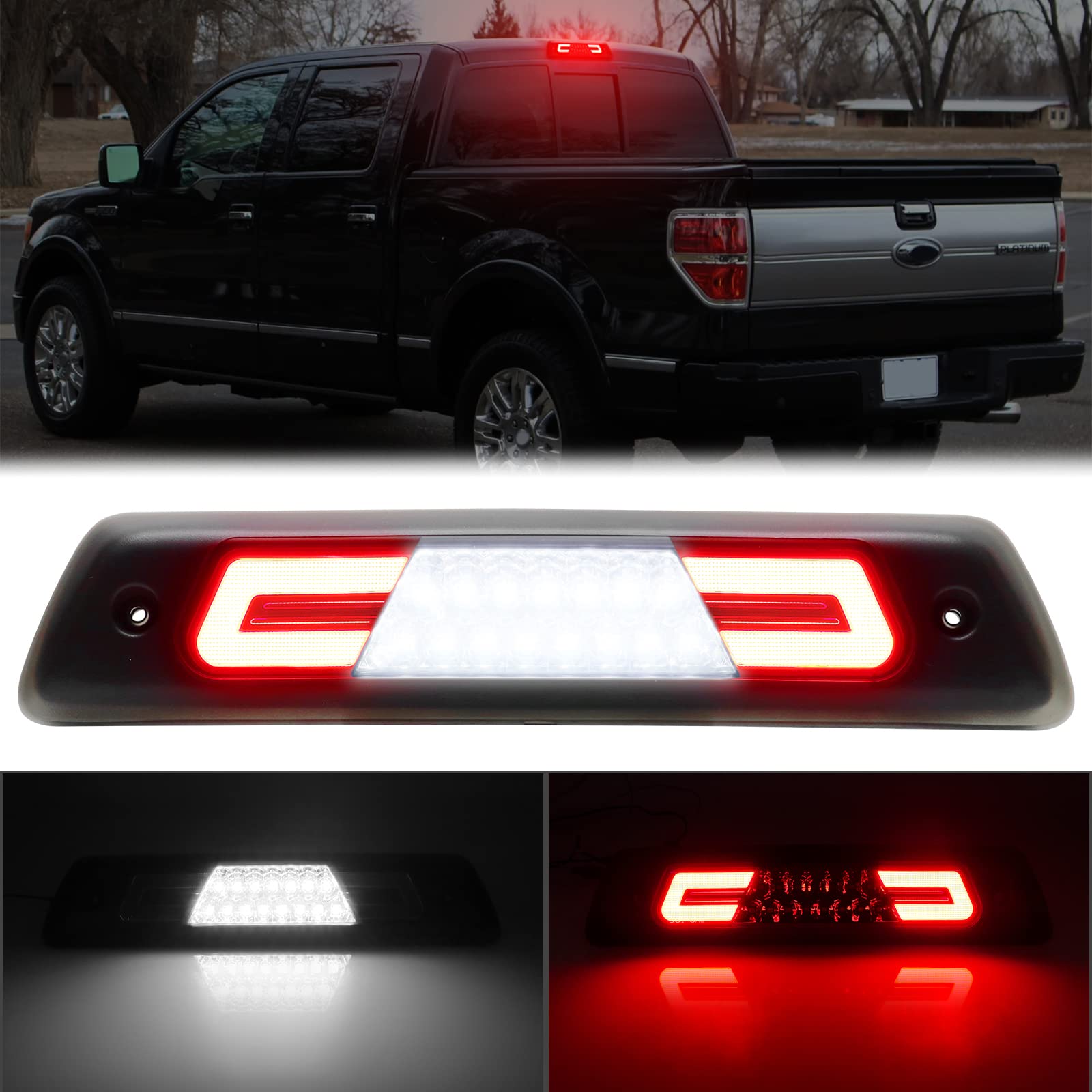 R&F Auto Led Smoked Lens Third Brake Light Replacement For F150 (2009-2014) High Mount Stop Lamp Tail Rear Cab Roof Cargo Lights With Seal Foam Gaskets