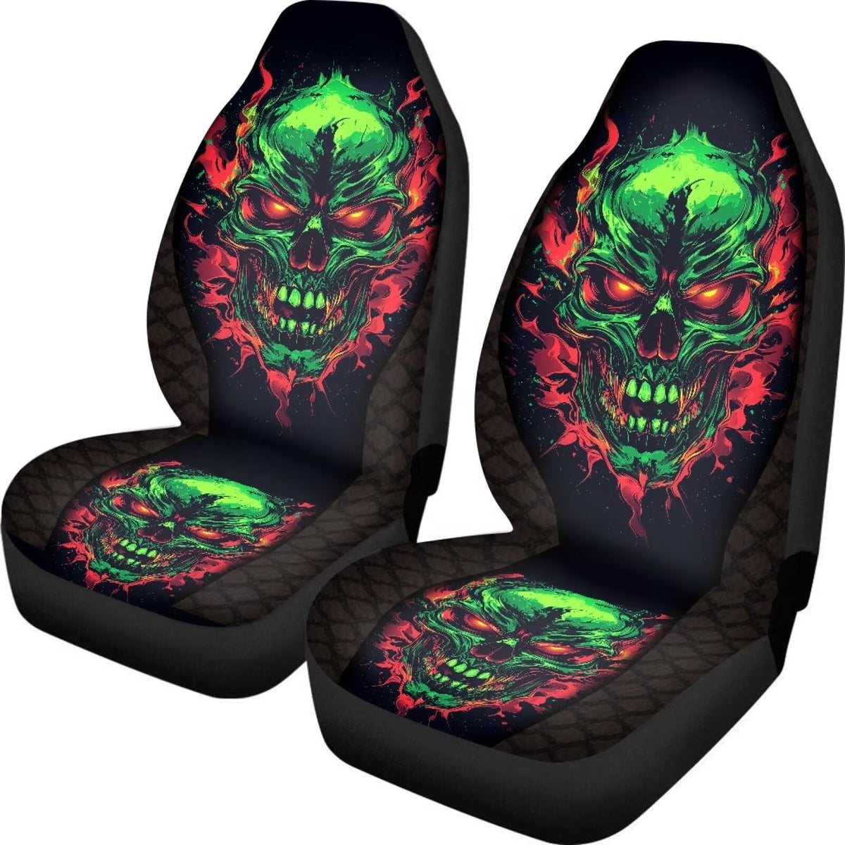 Buybai Skull Car Seat Cover Set Green Washable Soft Seat Cushion Cover Non-Fading Car Seat Covers Full Set Of 2 Pcs Set For Wome
