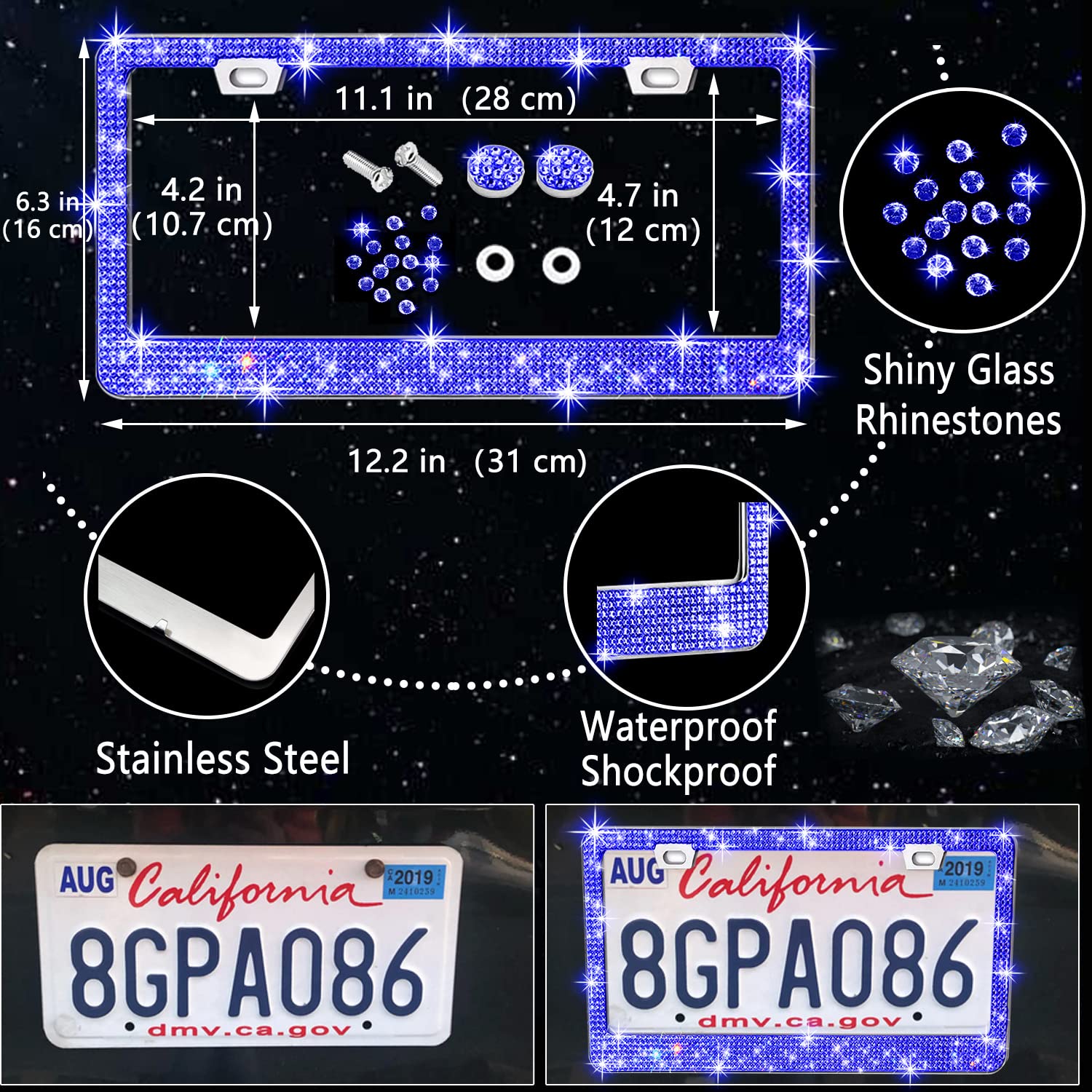 Nbtepem 27 Pcs Blue Bling Car Accessories Set For Women, Bling Steering Wheel Covers Universal Fit 15 Inch, Bling License Plate