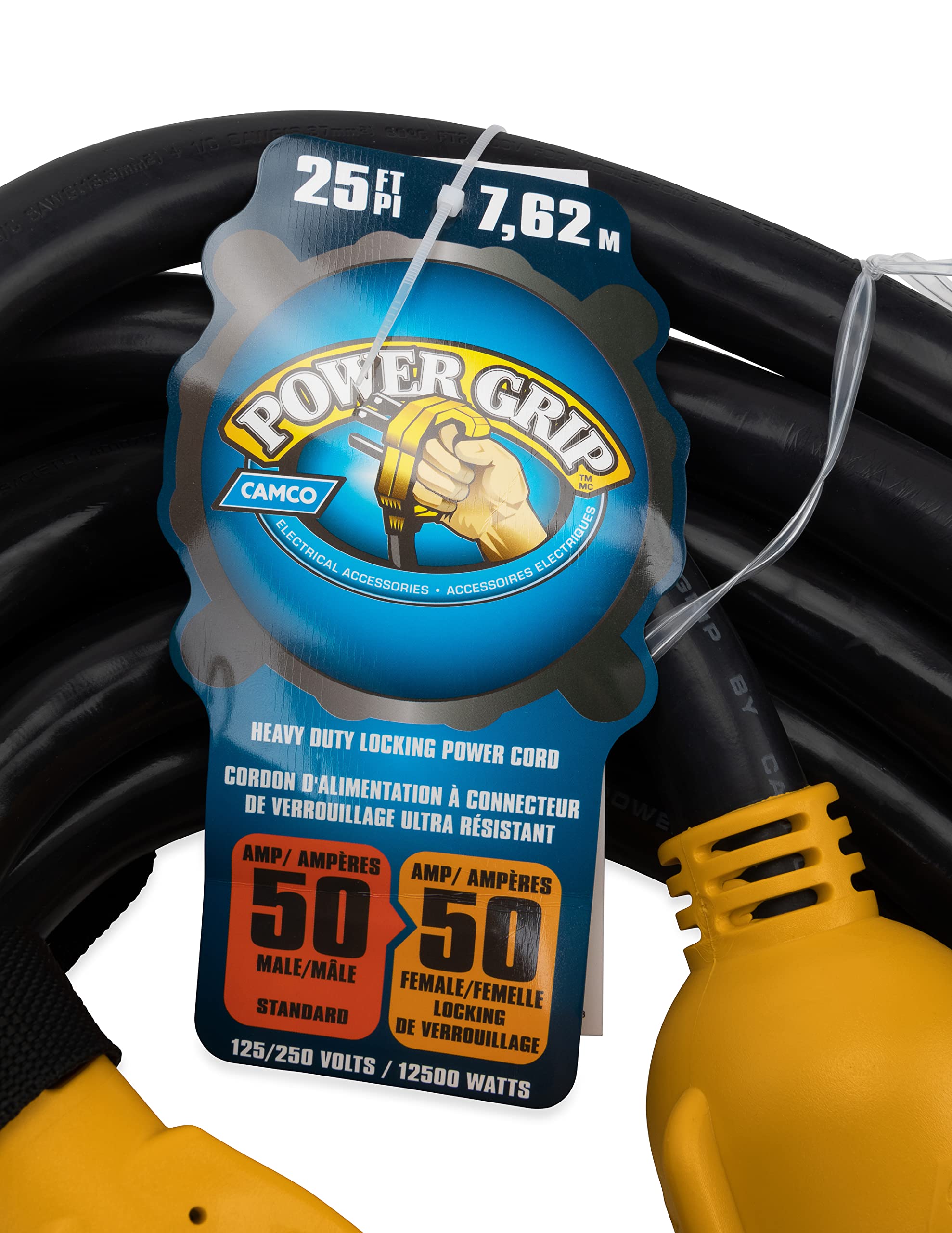 Camco Powergrip 25-Foot 50-Amp Rv Extension Cord | Features A 50-Amp Standard Male Connector, A 50-Amp Locking Female Connector,