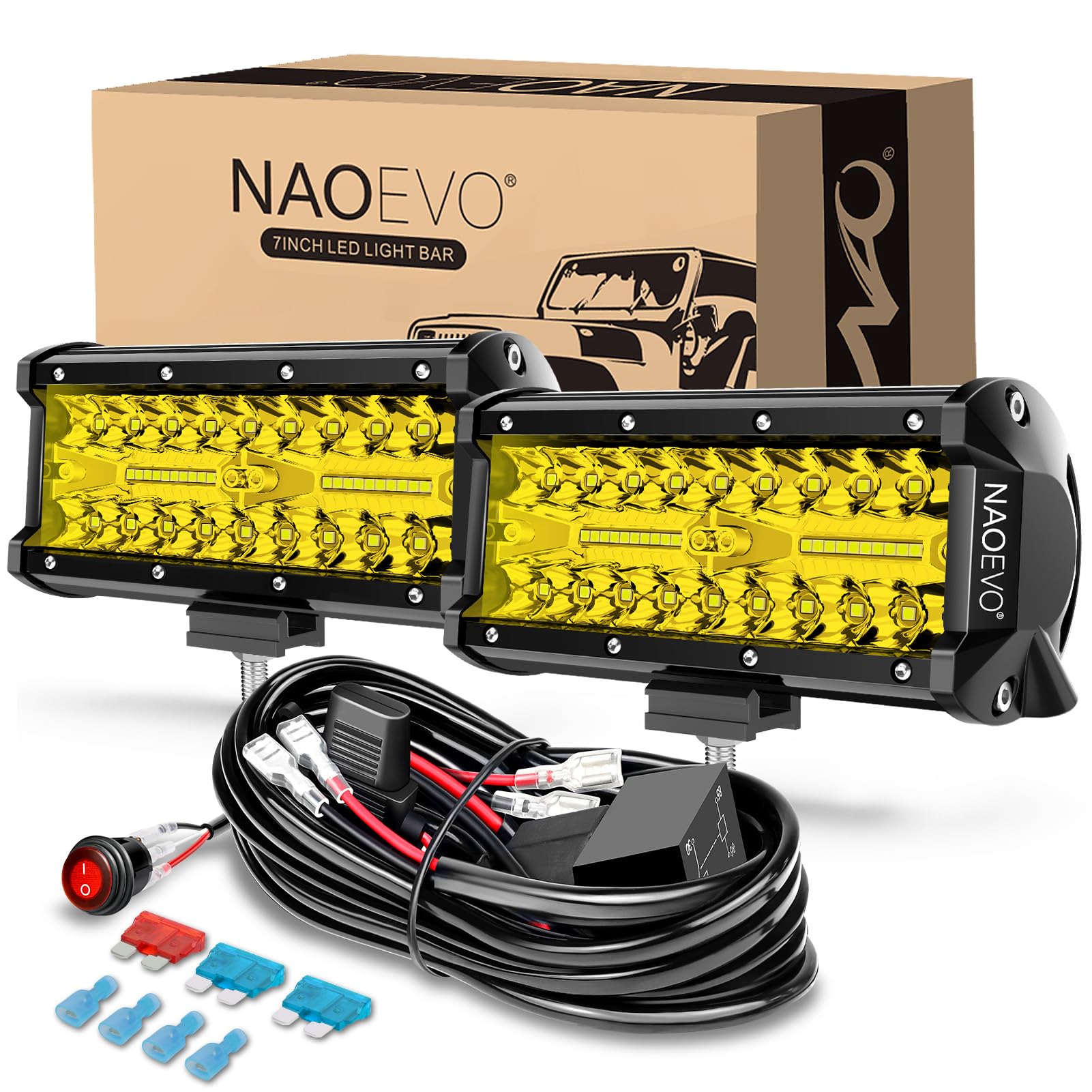 Naoevo 7 Inch Yellow Led Light Bar, 240W 24,000Lm Offroad Fog/Driving Lights Led Pods With 2 Leads Wiring Harness Kit, Spot & Fl