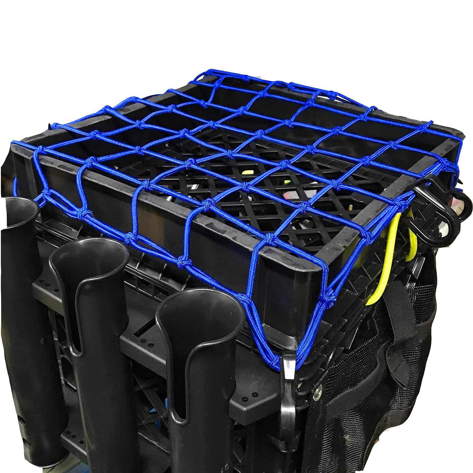 Zuoze Small Cargo Net 15'X15' Stretches To 30'X30' With Thicken Hooks | Natural Latex Core, Tight 2”X2” Mesh Heavy Duty Bungee Net For Motorcycle Helmet, Bike, Atv, Utv, Luggage (Blue, 2 Pack)