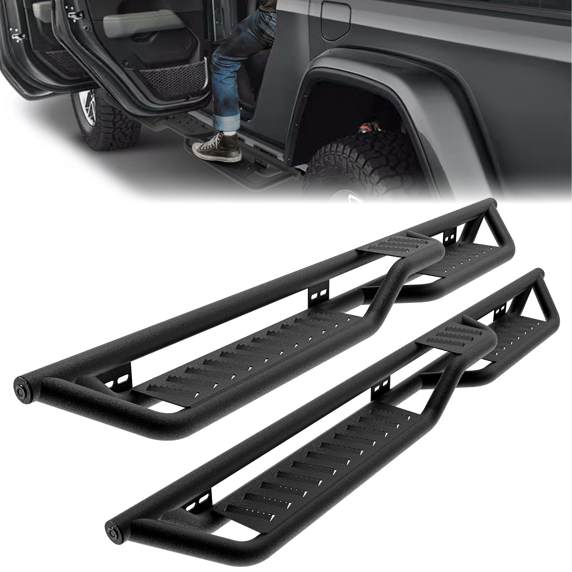 Peforway Running Boards Side Steps Fit for Jeep Gladiator JT 2020-2025 4 Door Rock Rail Steps Two Stair Steps Powder Coated Carb