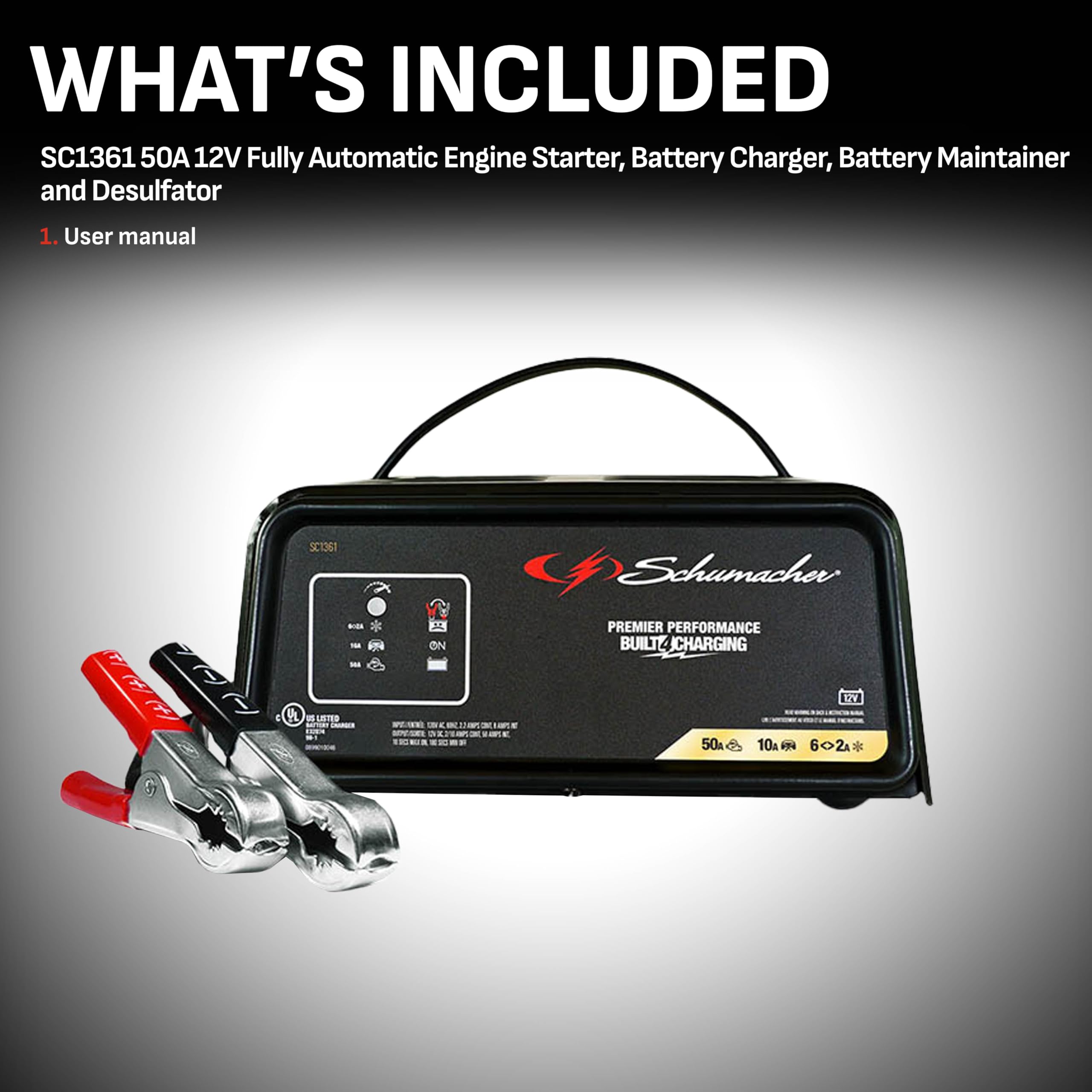 Schumacher Electric 2-In-1 Jump Starter And Battery Charger, Sc1361 - Fully Automatic, 50 Cranking Amps, 12 Volts, For Motorcycle, Power Sport, Lawn Tractor, Car, Suv, Truck, And Marine Batteries