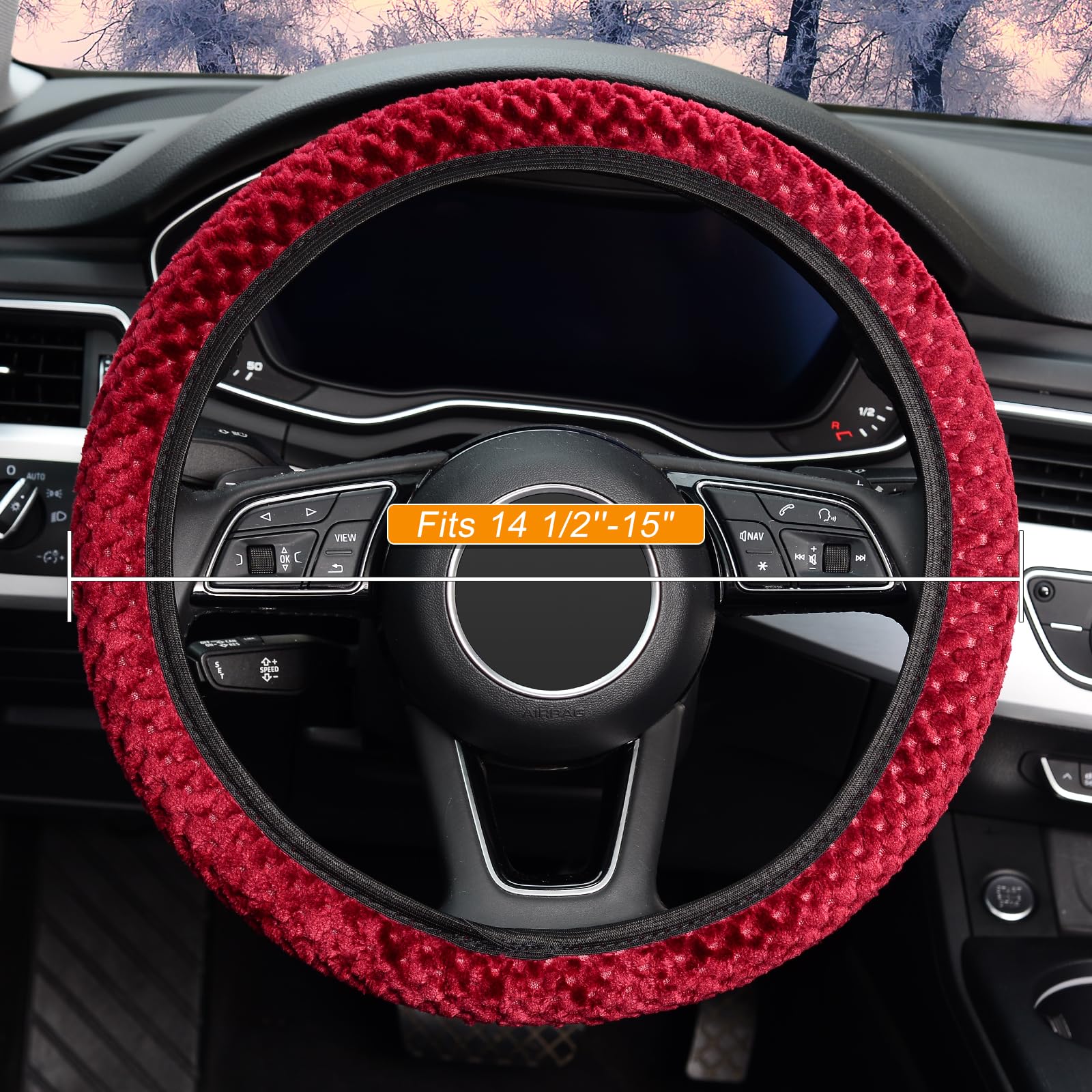 Kafeek Elastic Short Microfiber Plush Steering Wheel Cover For Winter Warm, Universal 15 Inch, Anti-Slip, Odorless, Wine Red