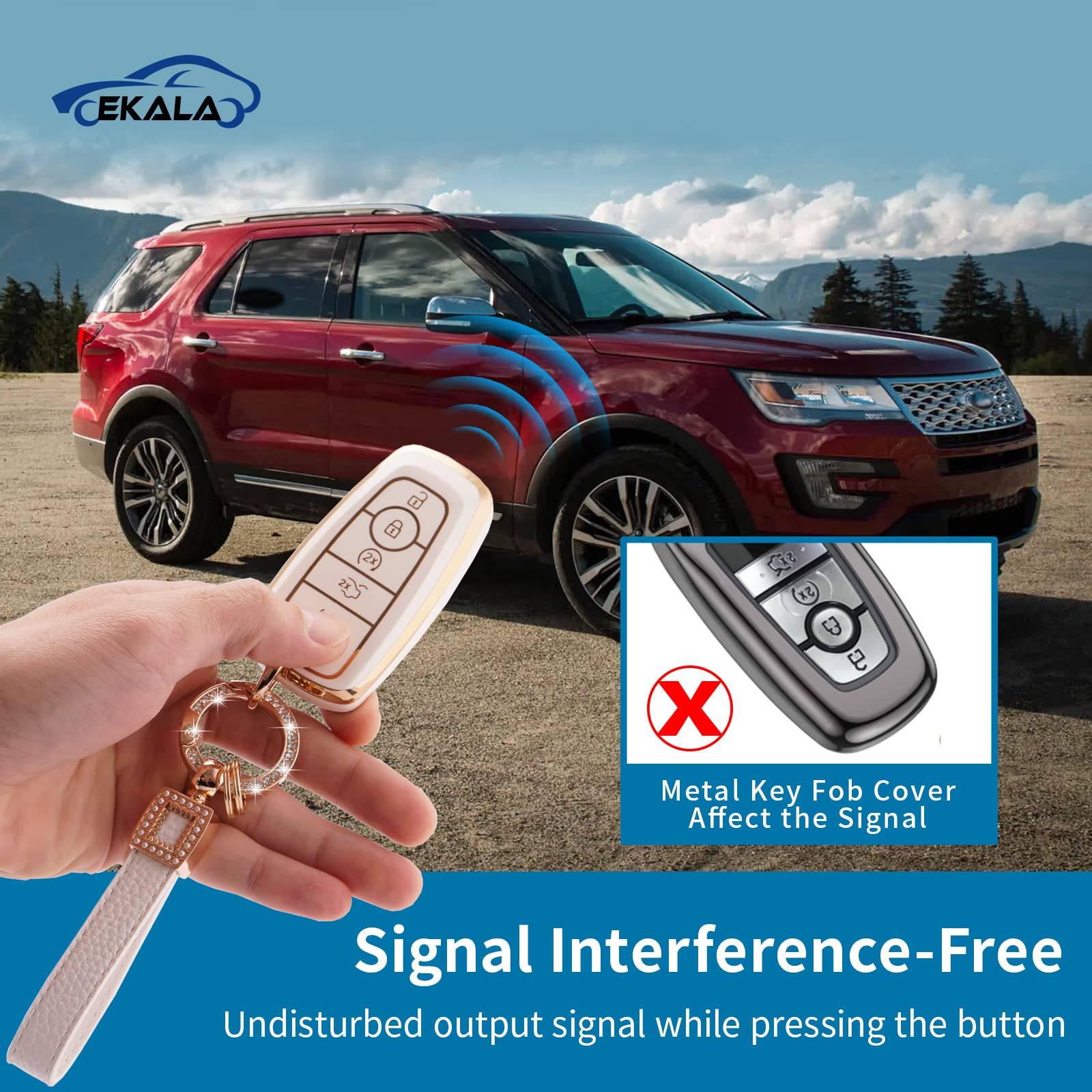 EKALA for Ford Key Fob Cover with Leather Key Fob Keychain, 5 Buttons Soft TPU Keys Shells Girly White Key Fob Cover Compatible