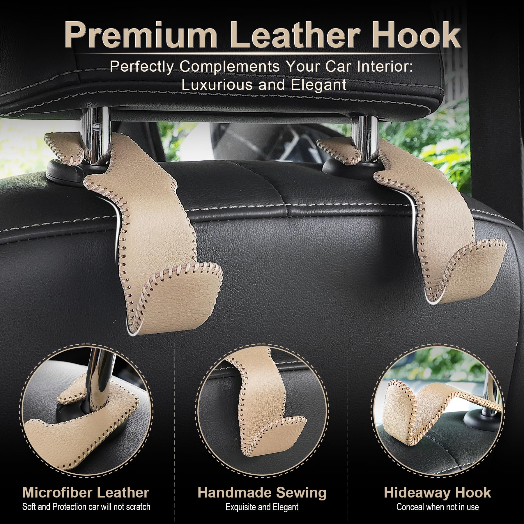 Livtee Beige Superior Leather Car Seat Back Headrest Hook, Auto Seat Hook Hangers Interior Accessories For Purse Coats Umbrellas