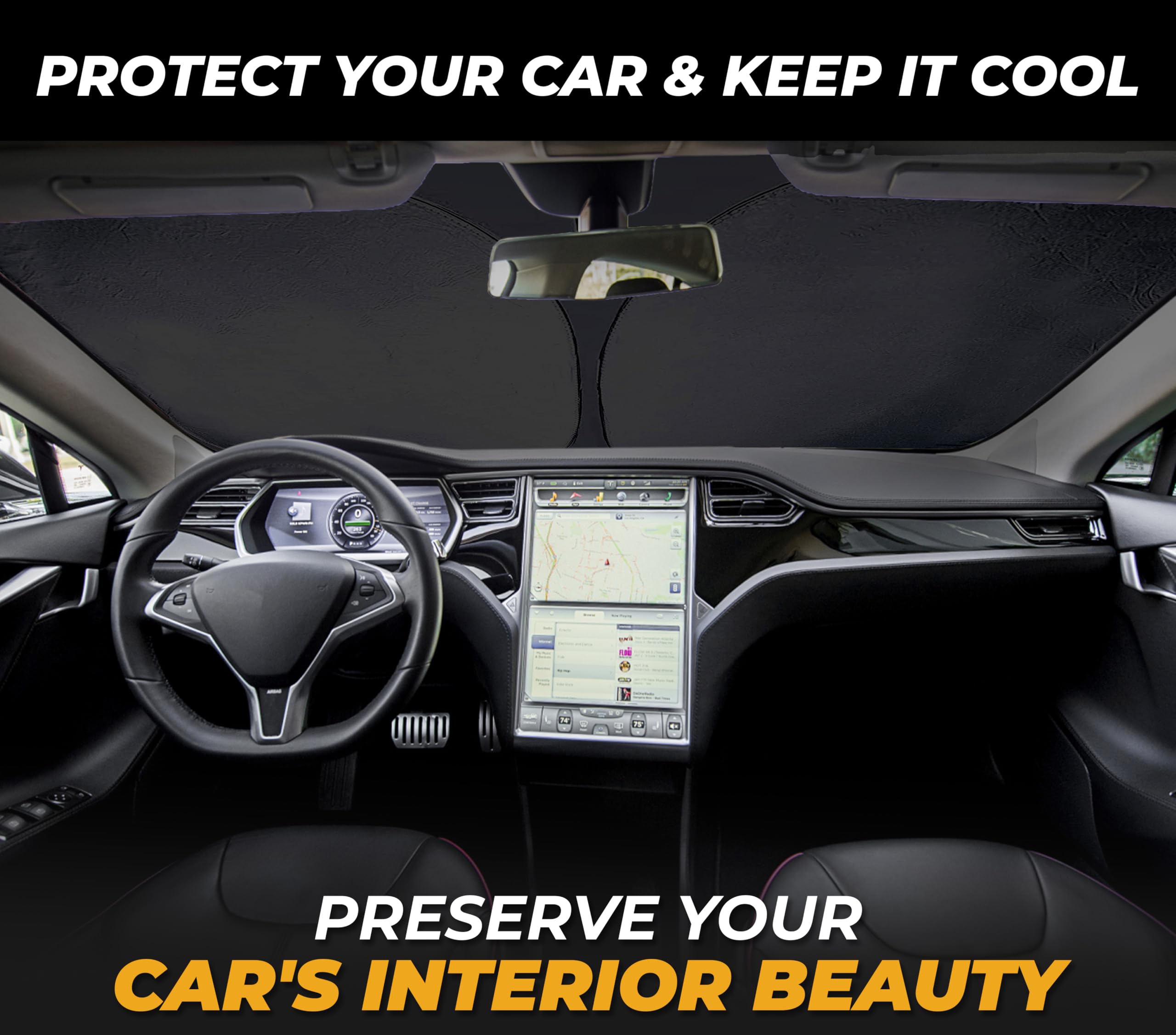 Tesla Windshield Sun Shade For Model(3/Y)(2016-2025) - Xx-Large 56'' X 36'', Foldable Front Sunshade With Storage Bag | Reflecti