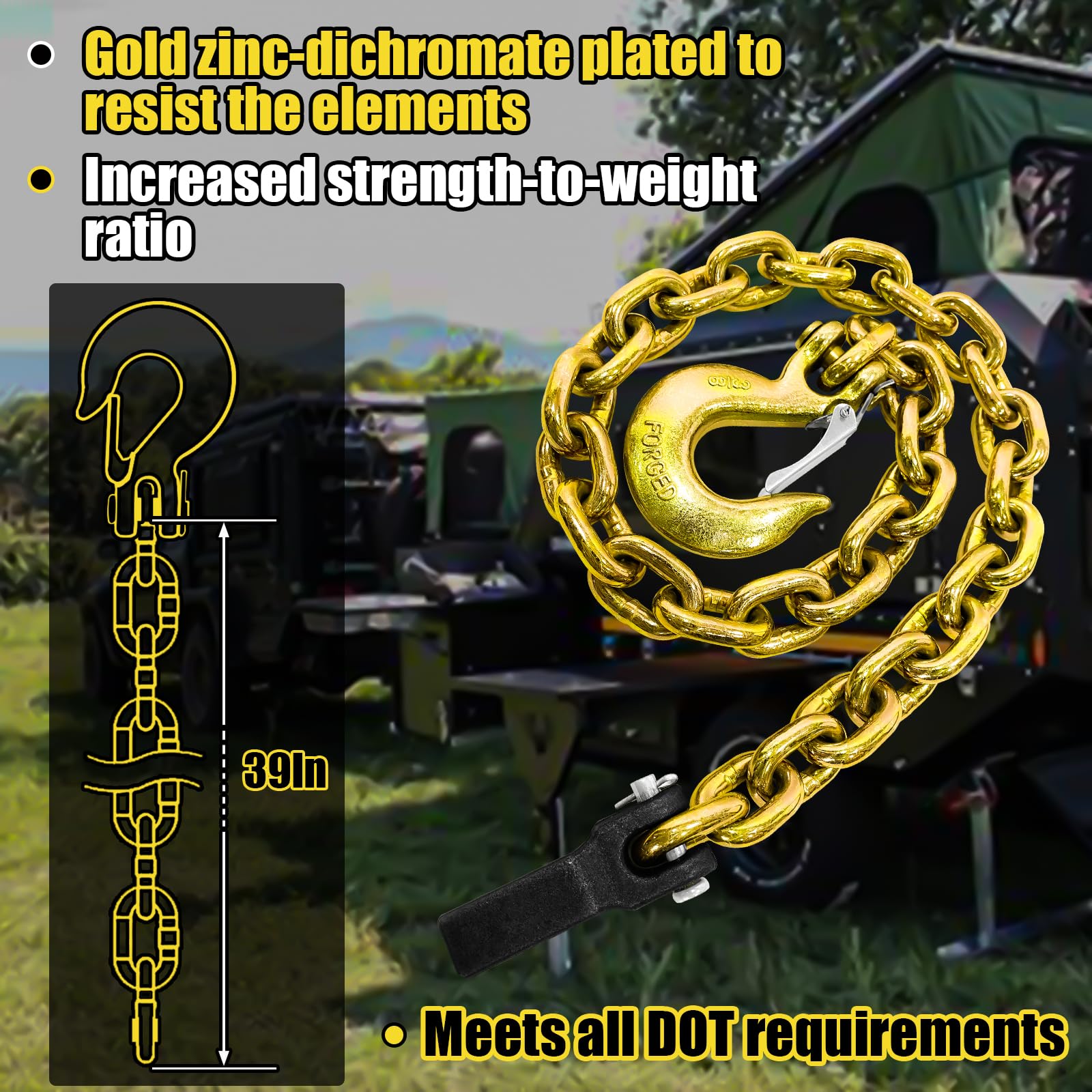 Fithoist G80 Trailer Safety Tow Chain - 39 In, 3/8 In Clevis Snap Hook & Retainer, 2-Pack Hd, 25,000 Lbs Wll