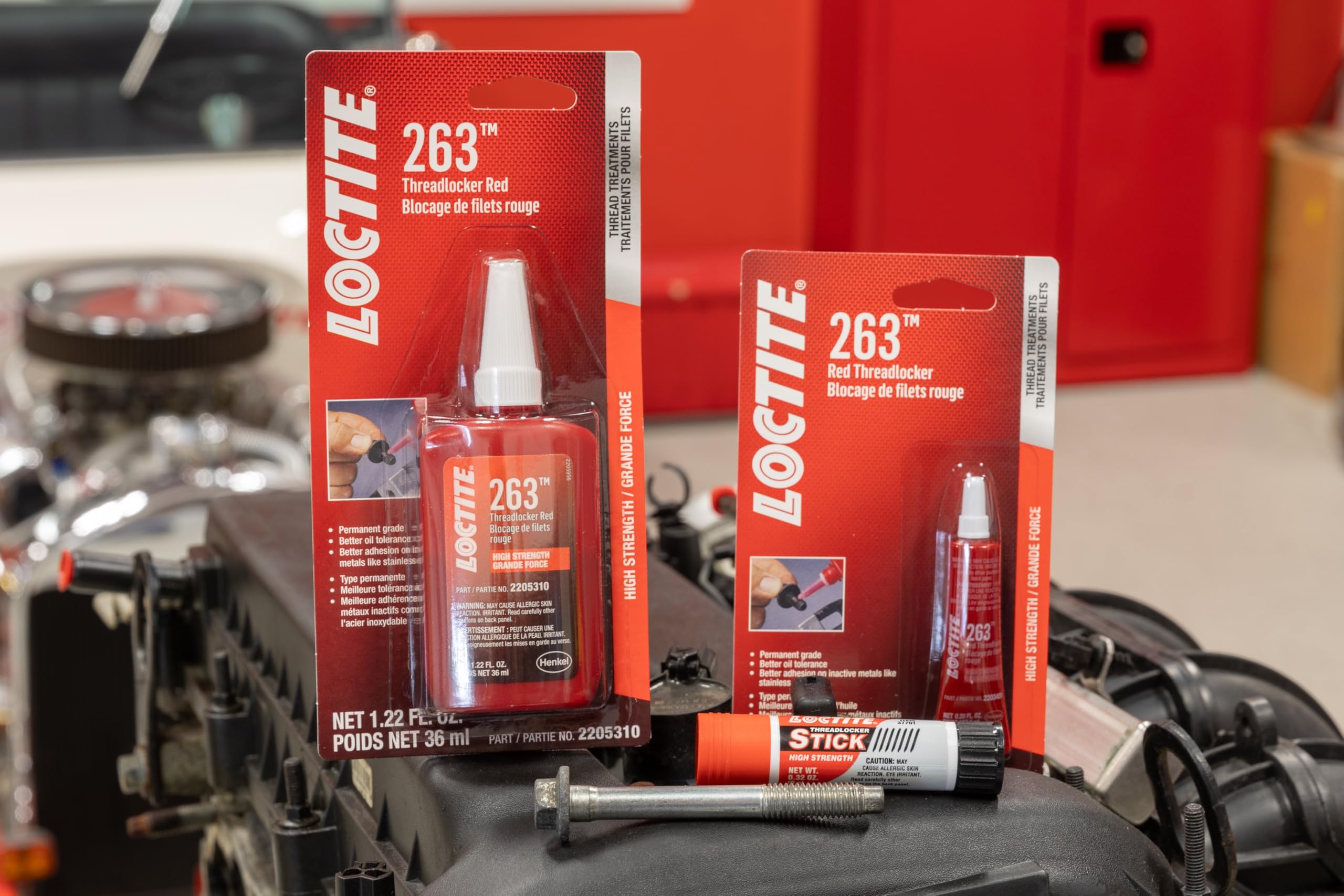 LOCTITE 263 Automotive Threadlocker Red - High Strength Thread Lock, General Purpose Applications, Oil Tolerant, Fluorescent - 3